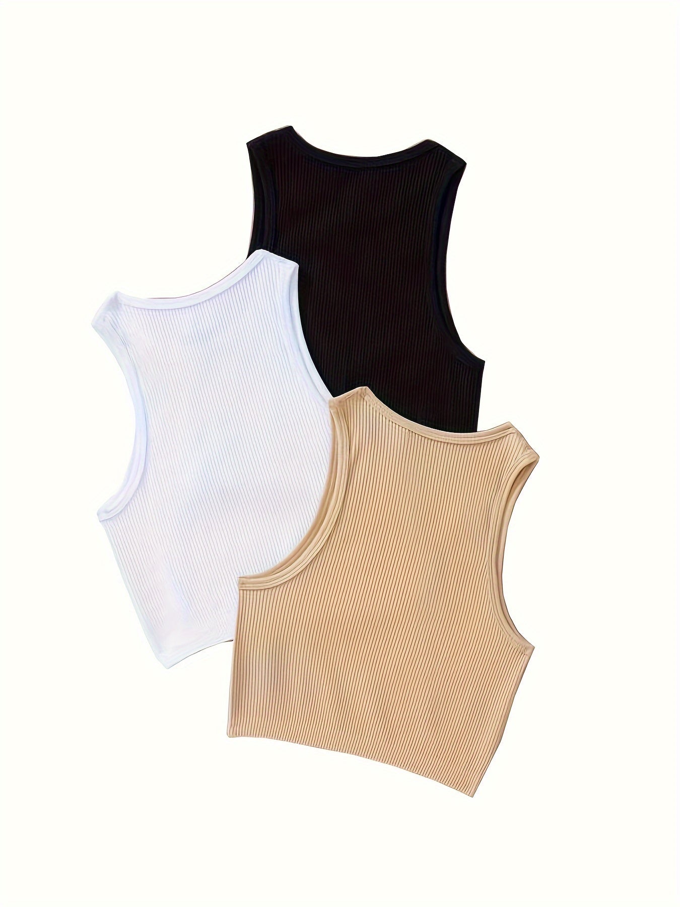 3pcs Solid Color Ribbed Sports Tank Top, Solid Color Sleeveless Running Fitness Slim Fit Vest T-shirt, Women's Activewear