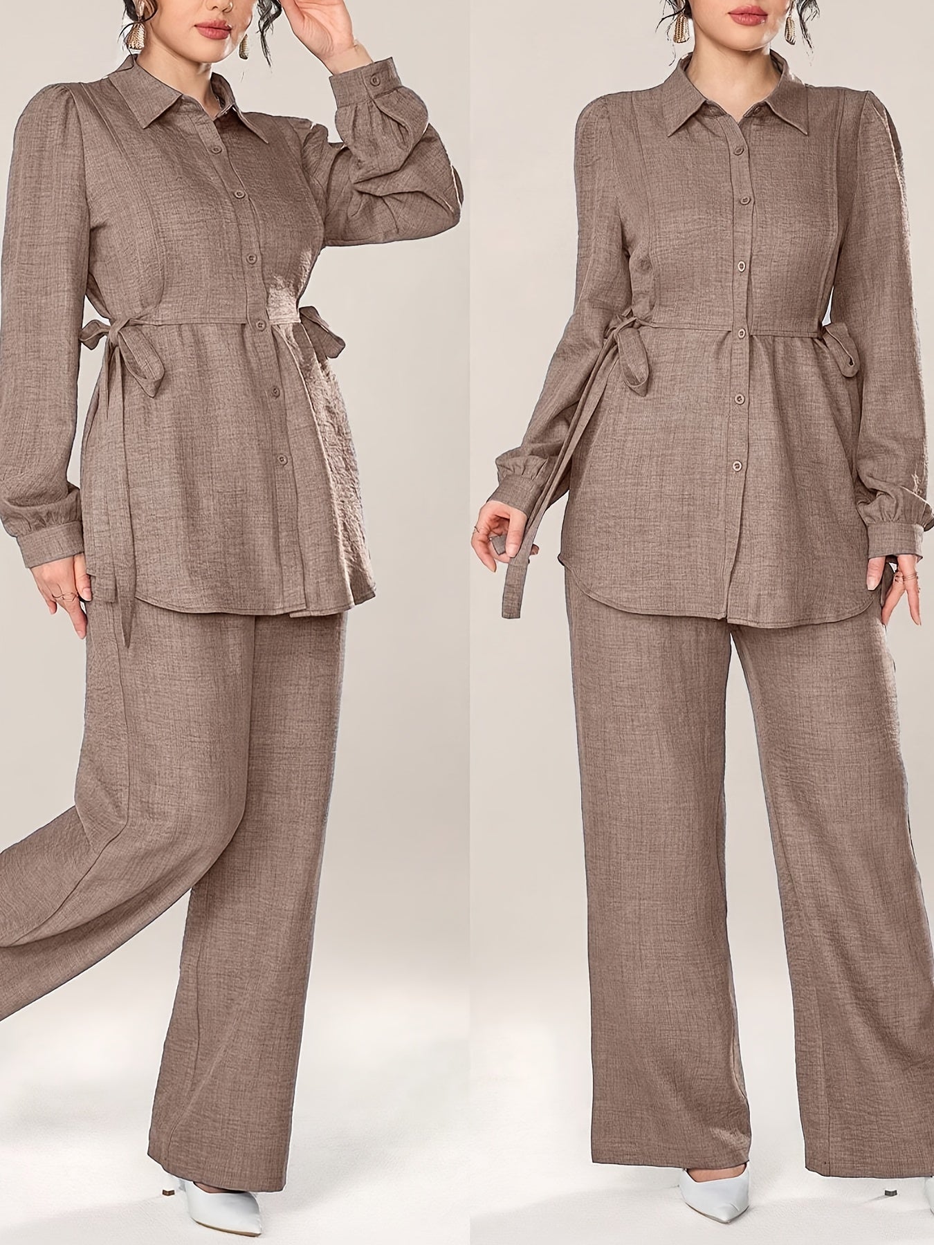 Stylish and Elegant Casual Two-Piece Women's Outfit with Side Tie Single-Breasted Shirt and Wide-Leg Pants for Office Wear