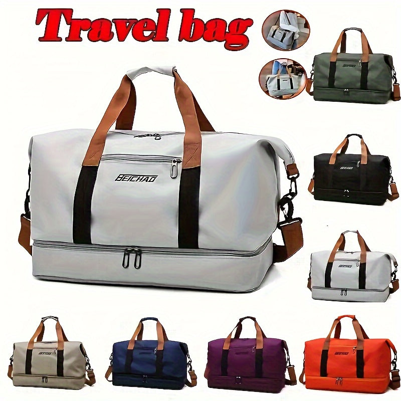Large Capacity Travel Bag, Casual Outdoor Hiking Tote Bag, Nylon, Mixed Color, Random Printing, No Edge Paint, with Separation of Wet and Dry, for Women, Fitness, Yoga, Weekend Overnight