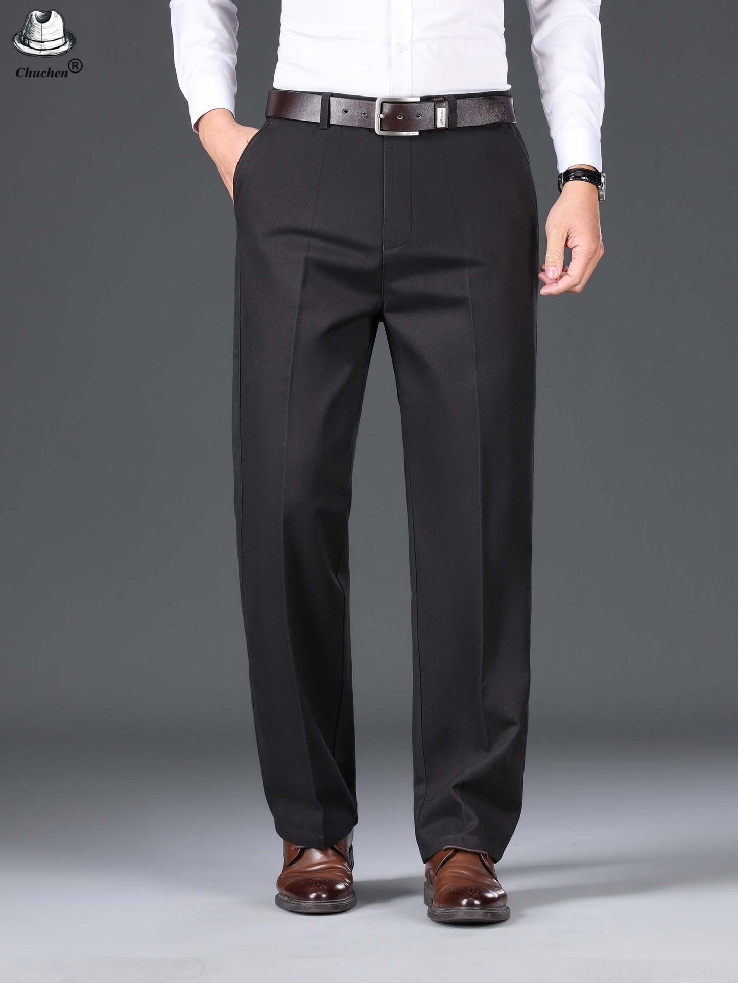 1pc Classic Fit Men'S Dress Pants - 100% Cotton, Solid Color, Non-Stretch, Regular Length, for Autumn/Winter - Business Casual Style