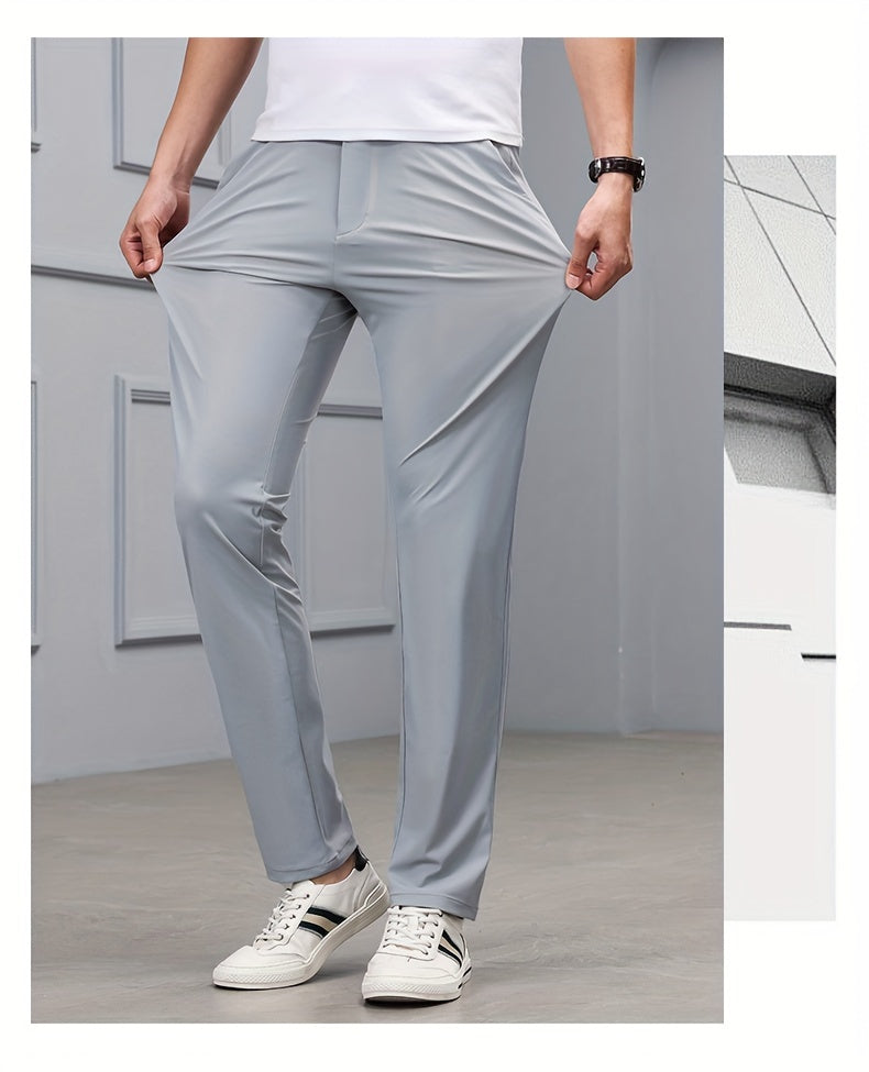 Men's Slim-Fit Stretch Casual Pants with Multiple Pockets - Waterproof, UV Protection, Light Gray, Straight Leg, Nylon Blend for Spring/Fall, Button Closure, Comfortable & Stylish Design, Everyday Comfort Pants | Modern Casua