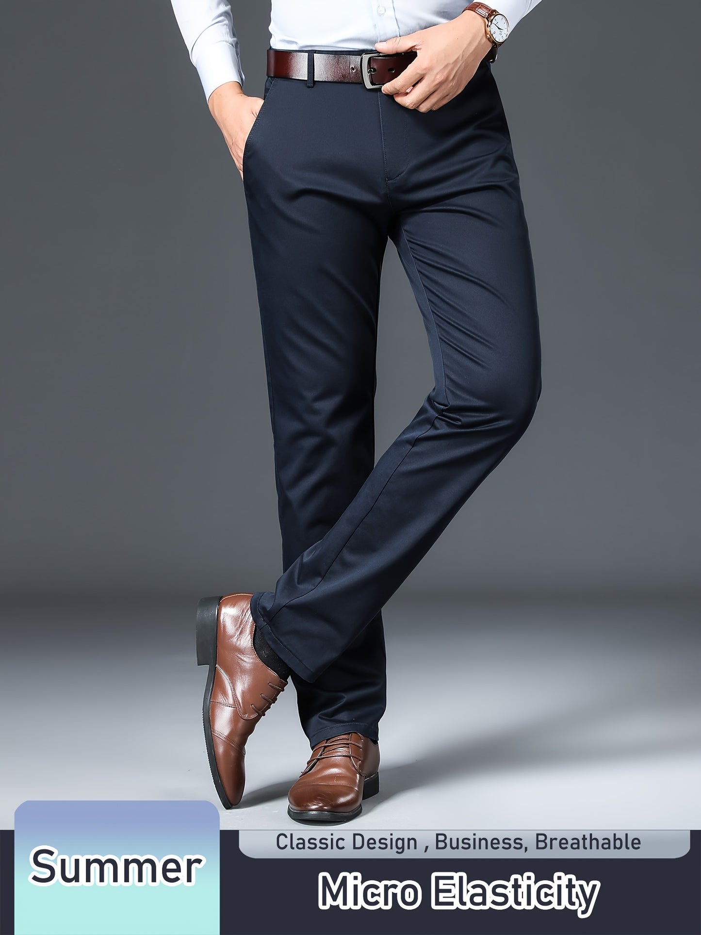 Men's Solid Pants With Pockets, Light Business Style Regular Fit Trousers For Outdoor Activities, Daily Wear For Spring And Autumn