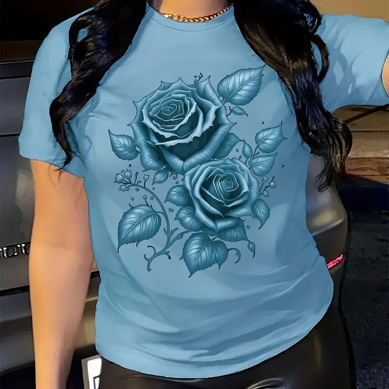 Women's Light Blue Yellow Rose Print T-Shirt - Short Sleeve Crew Neck Casual Top with Medium Stretch, Machine Washable & Breathable Fabric for All-Season Comfort, Relaxed Style, Graphic Tee, Stretchy Material, Printed Shirt,