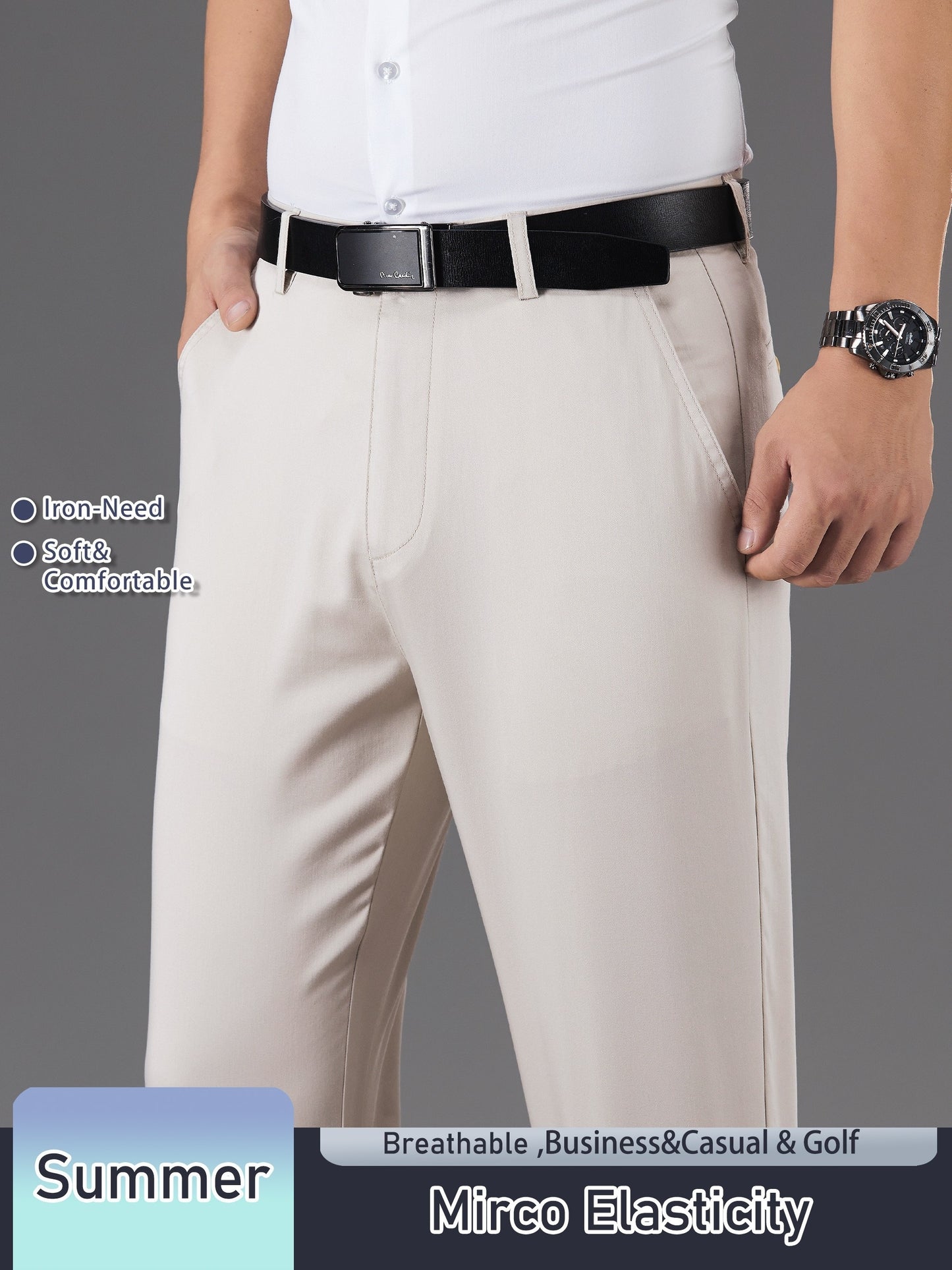 Men's Solid Color Straight Leg Business Style Cotton Blend Pants, Casual Comfy Breathable Outdoor Trousers As Gift