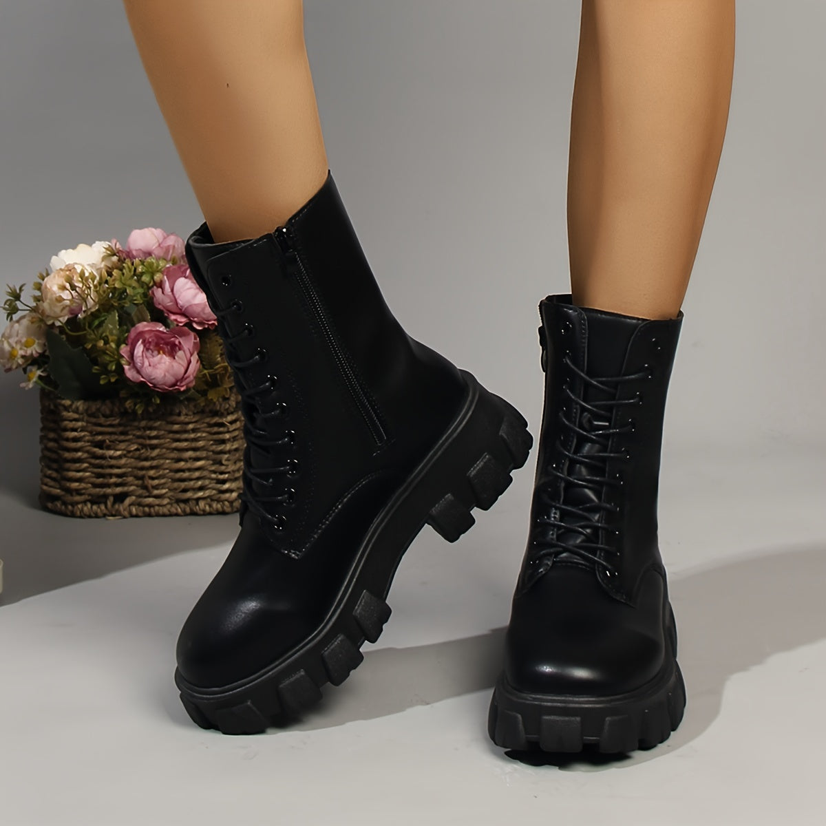 Chic Women's Mid-Calf Platform Boots - Versatile Lace-Up Ankle Booties with Thick Sole, Faux Cover, Comfortable for All Seasons