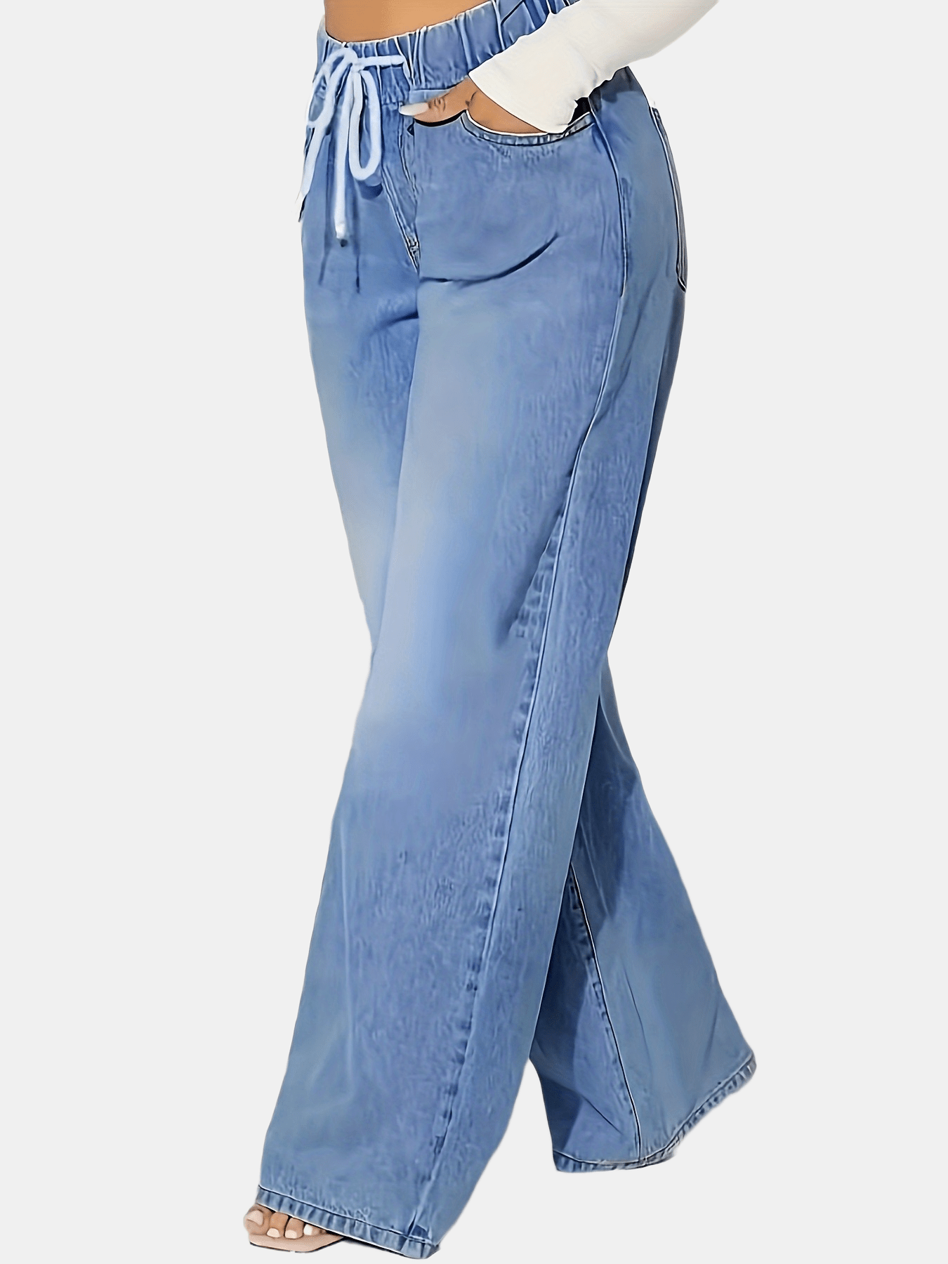 Ladies' Light Blue Elastic Waist Drawstring Washed Stretchy Elegant Straight-Leg Wide-Leg Jeans with Slant Pockets.