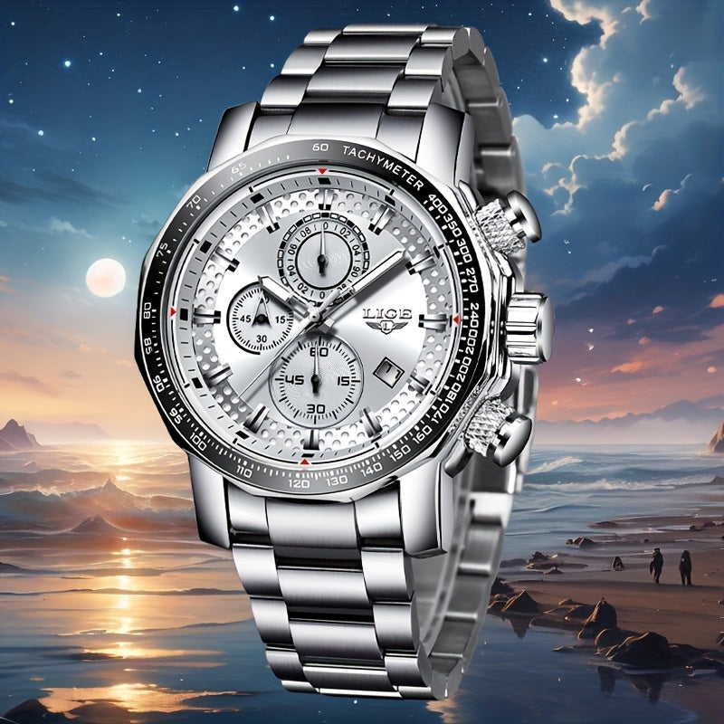 LIGE Watches Fashion Junior Men's Sports Multifunctional Quartz Watch, IP68 Waterproof Watch, Stainless Steel Band, Precision Chronograph, Stopwatch Date Function, Casual Elegant Vintage Style New Watch, Holiday Gifts
