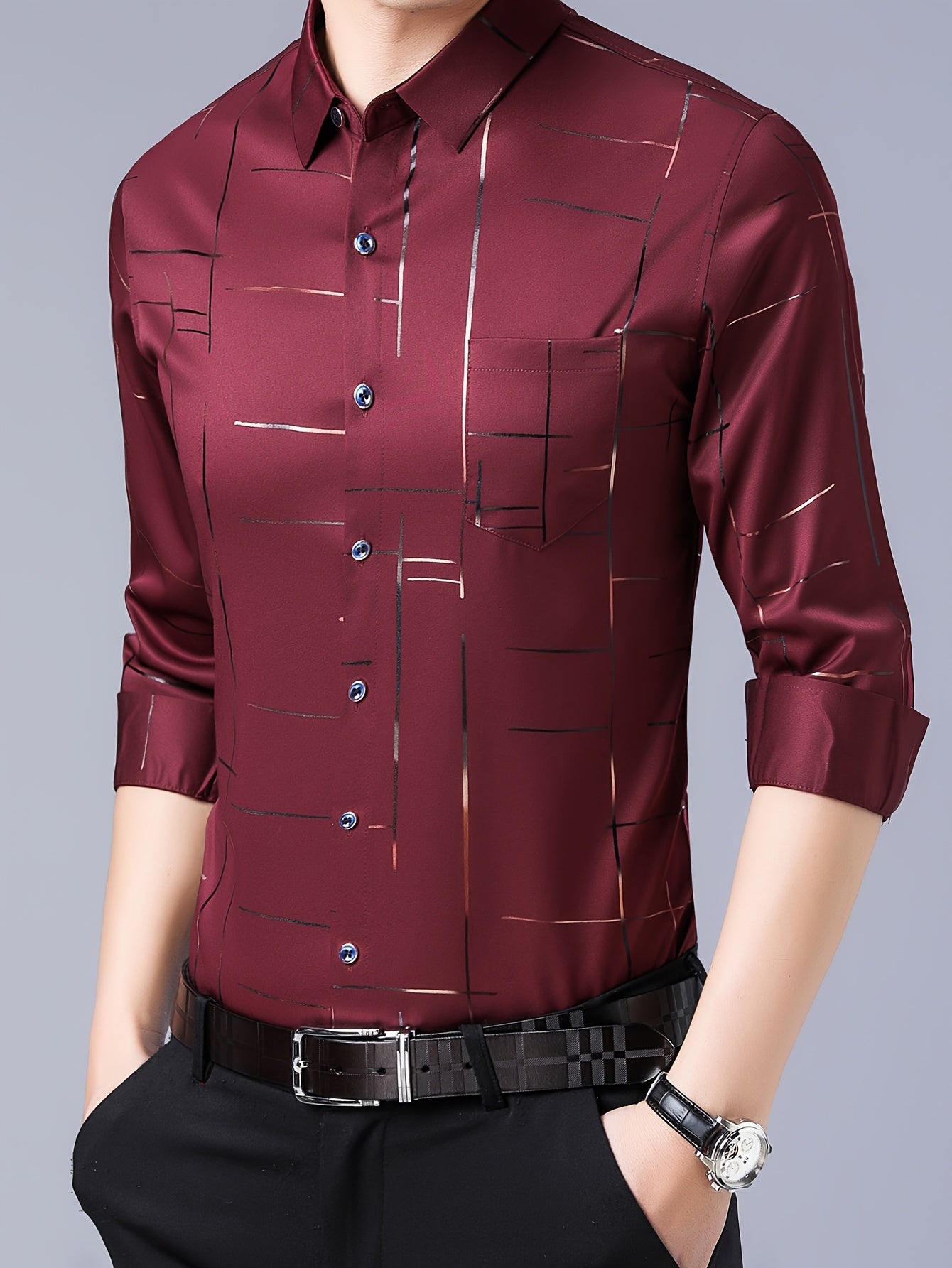 Elegant Men's Maroon Striped Long Sleeve Dress Shirt - Sophisticated Black & Golden Print, Breathable Polyester, Casual Comfort Fit with Classic Collar and Button-Up Front for Casual Attire