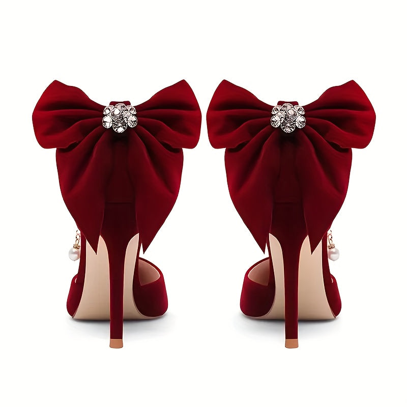 Women's Elegant Summer Evening Dress Shoes with Red Thin Heels, Bow Detail and Comfortable Fit with Insole Pair