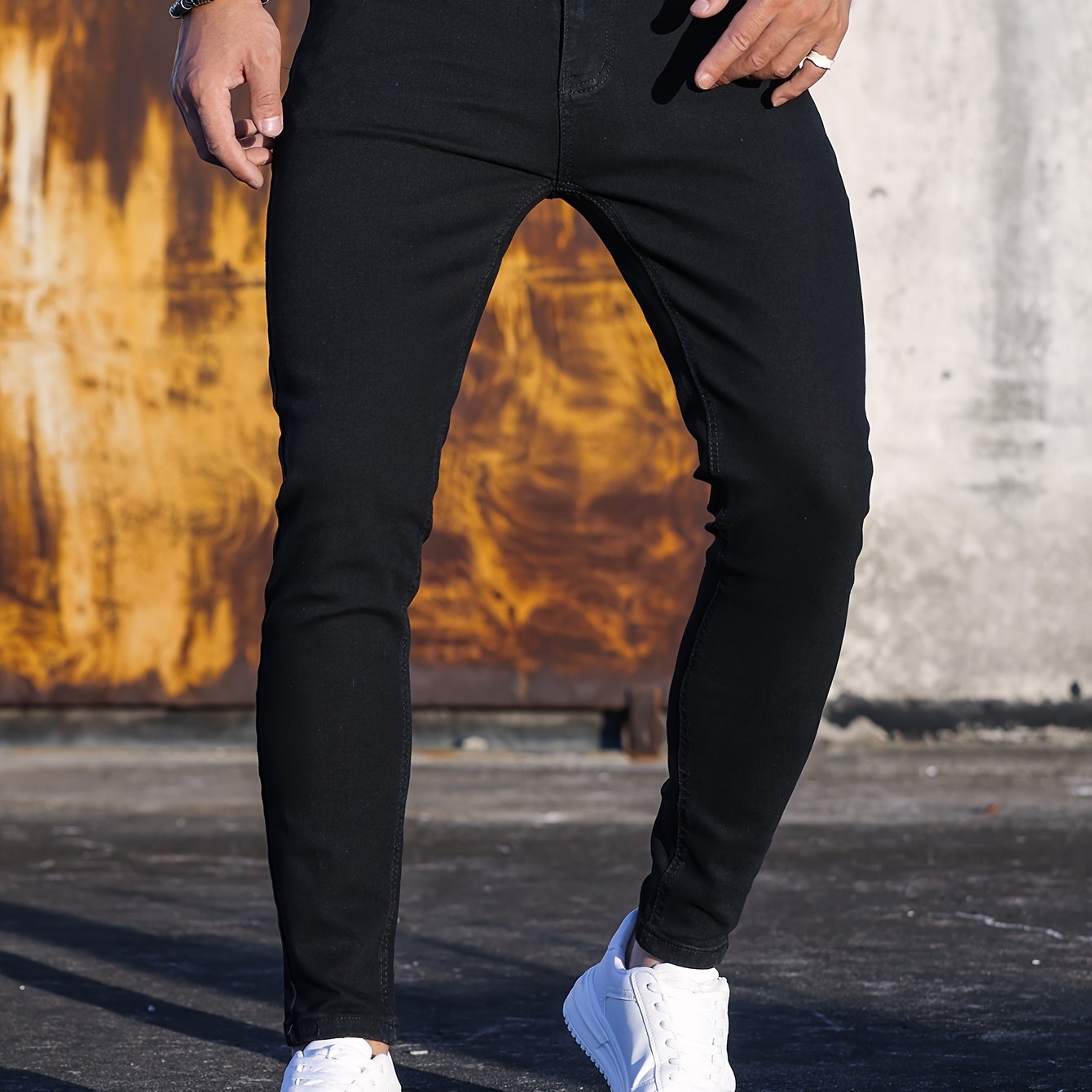 Men's Cotton Blend Casual Skinny Jeans, Chic Street Style Medium Stretch Denim Pants