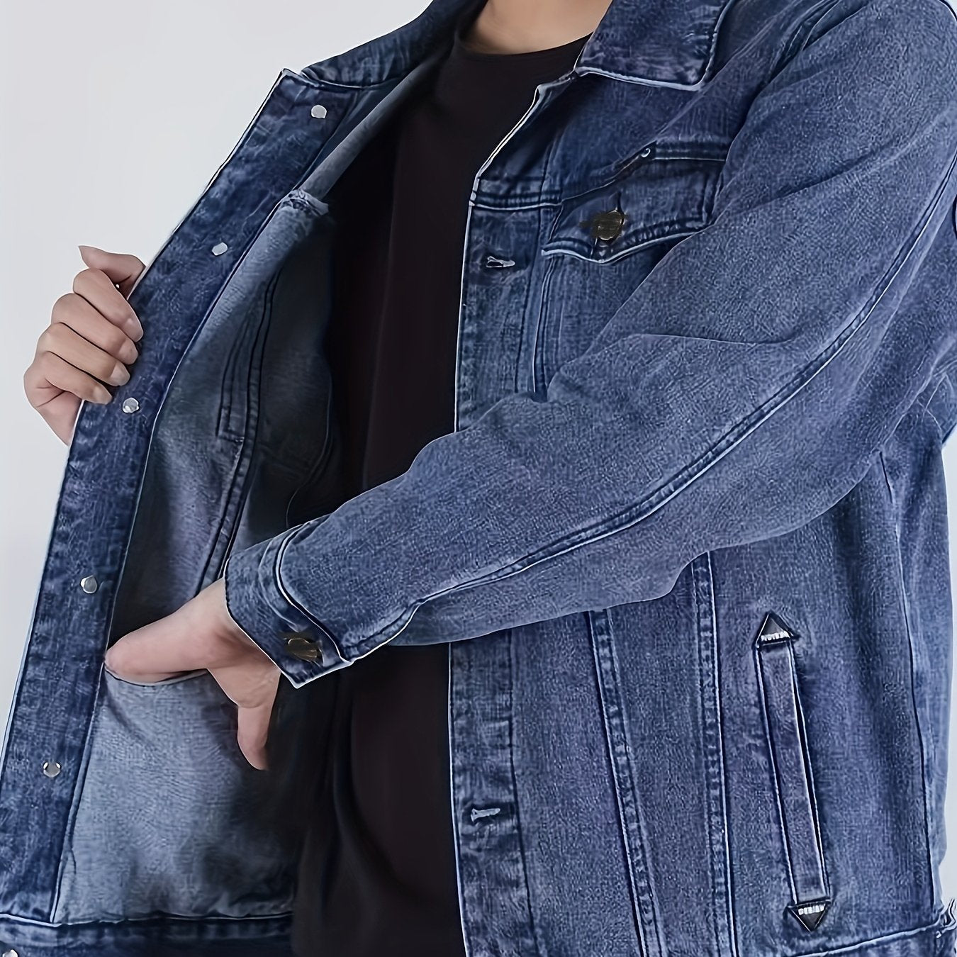 Men's Spring/Autumn Denim Jacket - Casual Chic Style, Black Blend with Red Accents, Button-Up with Flap Pockets, Long Sleeves, Ideal for Hiking & Casual Attire, Outdoor Apparel|Classic Denim Style|Durable Fabric