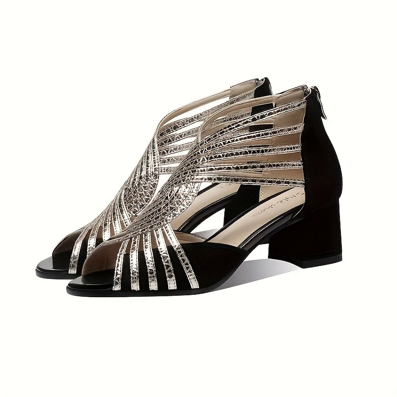 Women's Roman Gladiator Sandals - Chunky Mid-Heel Open-Toe Zipper Closure, Breathable PU Cover Strappy Ankle Strap for Spring, Casual Formal Events