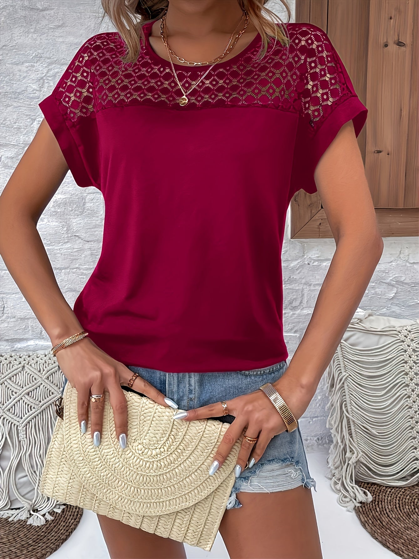 Vacation Style Lace Batwing Short-Sleeve T-Shirt