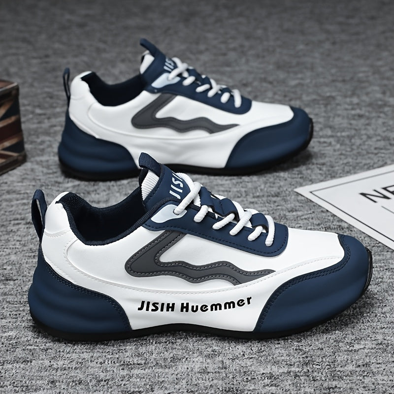 Men's Breathable Color-Block Low-Top Running Shoes - White Navy Blue Contrast Design, Durable PU Upper PVC Sole, All-Season Non-Slip Traction for Gym, Jogging, Casual Wear, Jogging Footwear Sporty Look Fabric Lined In