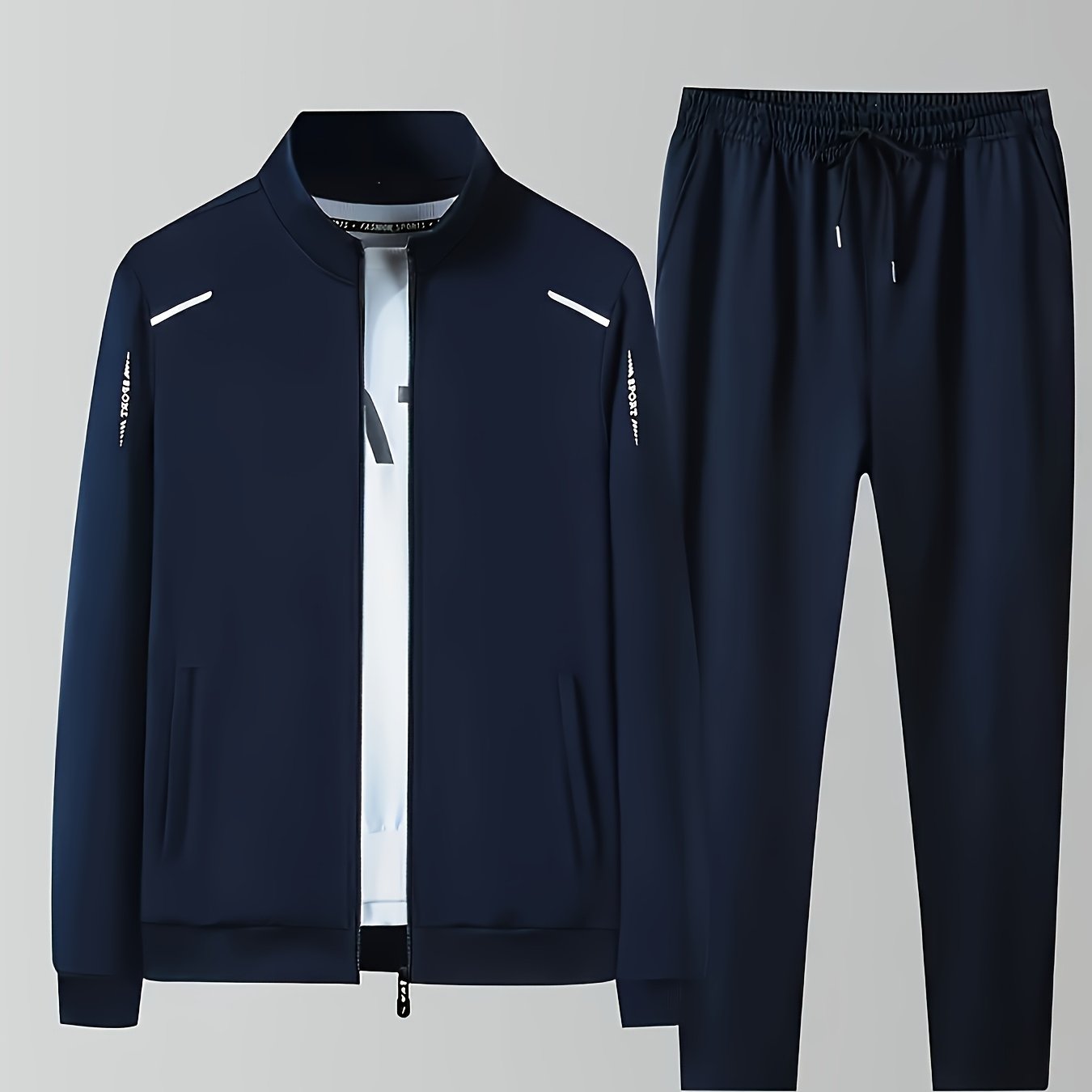 1set Men'S Casual Sports Set, Summer Knit Polyester Athletic Outfit with Solid Color, Crew Neck, Regular Fit, Micro-Elastic Fabric, Lightweight 220g/m², for Jacket and Pants Combo