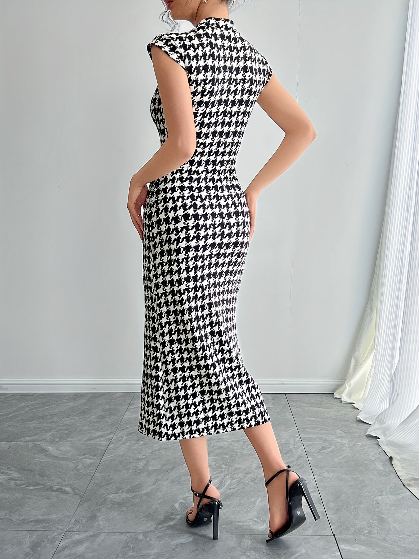 Էլեգանտ Houndstooth Color Block Bodycon զգեստ՝ կլոր վզով, պոլիեսթեր, լվացվող մեքենայում՝ կատարյալ երեկույթների և երեկոյան միջոցառումների համար