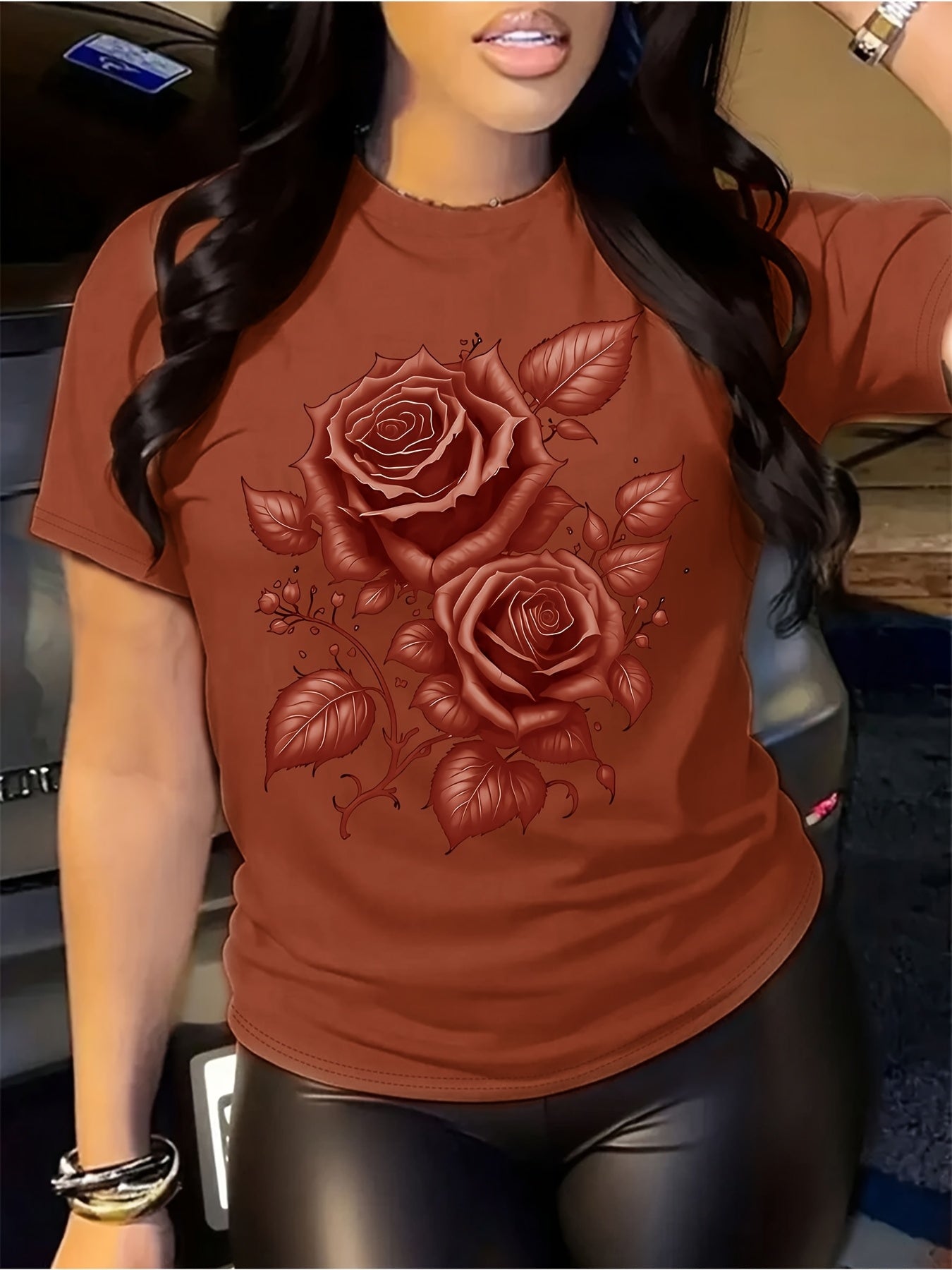 Women's Light Blue Yellow Rose Print T-Shirt - Short Sleeve Crew Neck Casual Top with Medium Stretch, Machine Washable & Breathable Fabric for All-Season Comfort, Relaxed Style, Graphic Tee, Stretchy Material, Printed Shirt,