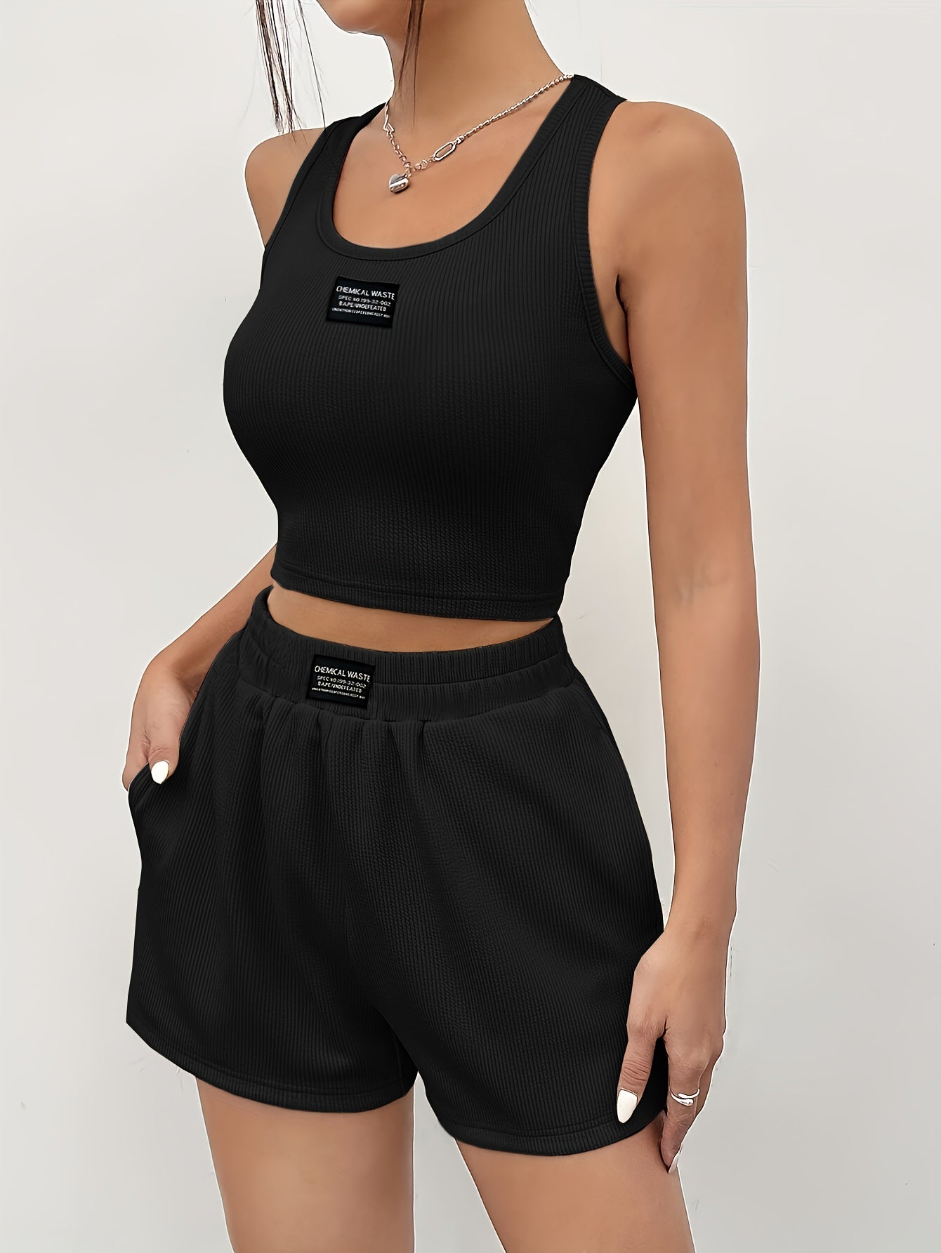 All-Season Chic, Elegant Women's Knit Tank Top and Shorts Set, Solid Color Polyester with Elastane, Machine Washable