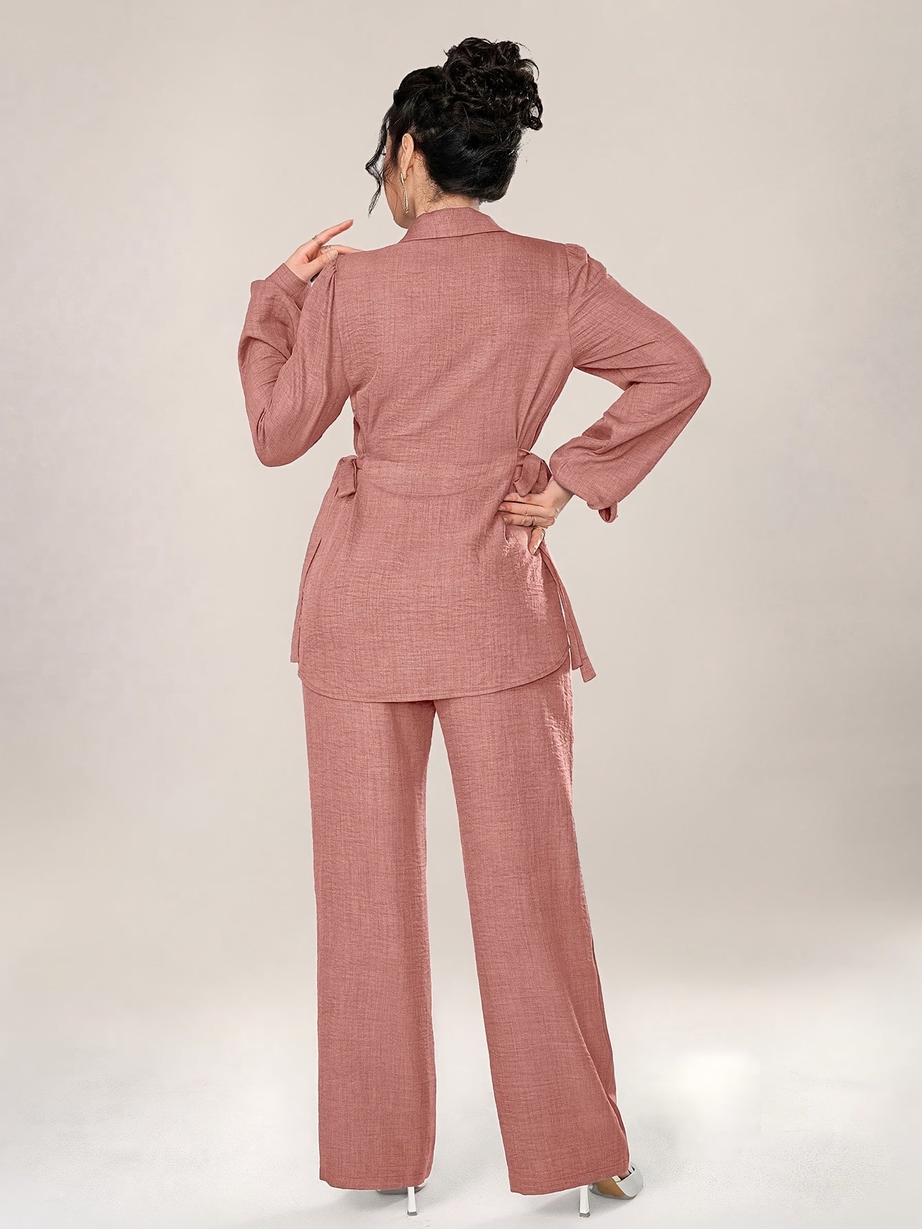 Stylish and Elegant Casual Two-Piece Women's Outfit with Side Tie Single-Breasted Shirt and Wide-Leg Pants for Office Wear
