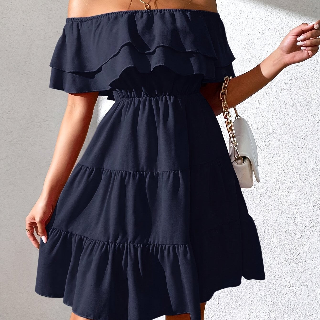 Women'S Off the Shoulder Ruffle Hem Casual Dress, Polyester 100%, Solid Color, Fitted, Woven, for All Seasons
