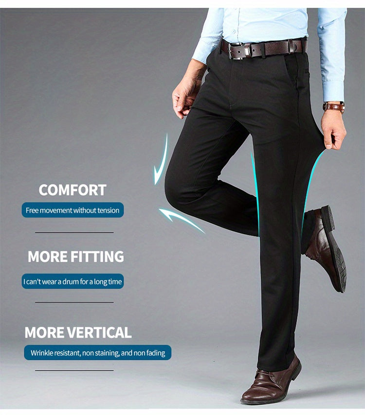 Men's Sleek Business Casual Dress Pants - Solid Black, Straight Leg, Wrinkle-Resistant Polyester Blend, All-Season Formal Trousers with Button Detail