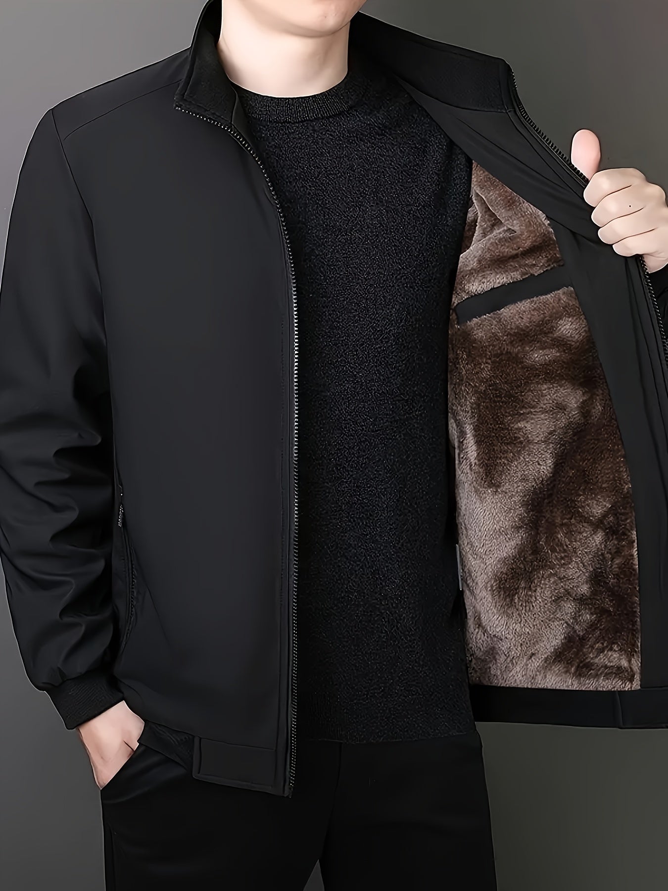 Men's Fleece-Lined Zip-Up Jacket - Casual Stand Collar, Outdoor Sports Coat with Pockets, Machine Washable
