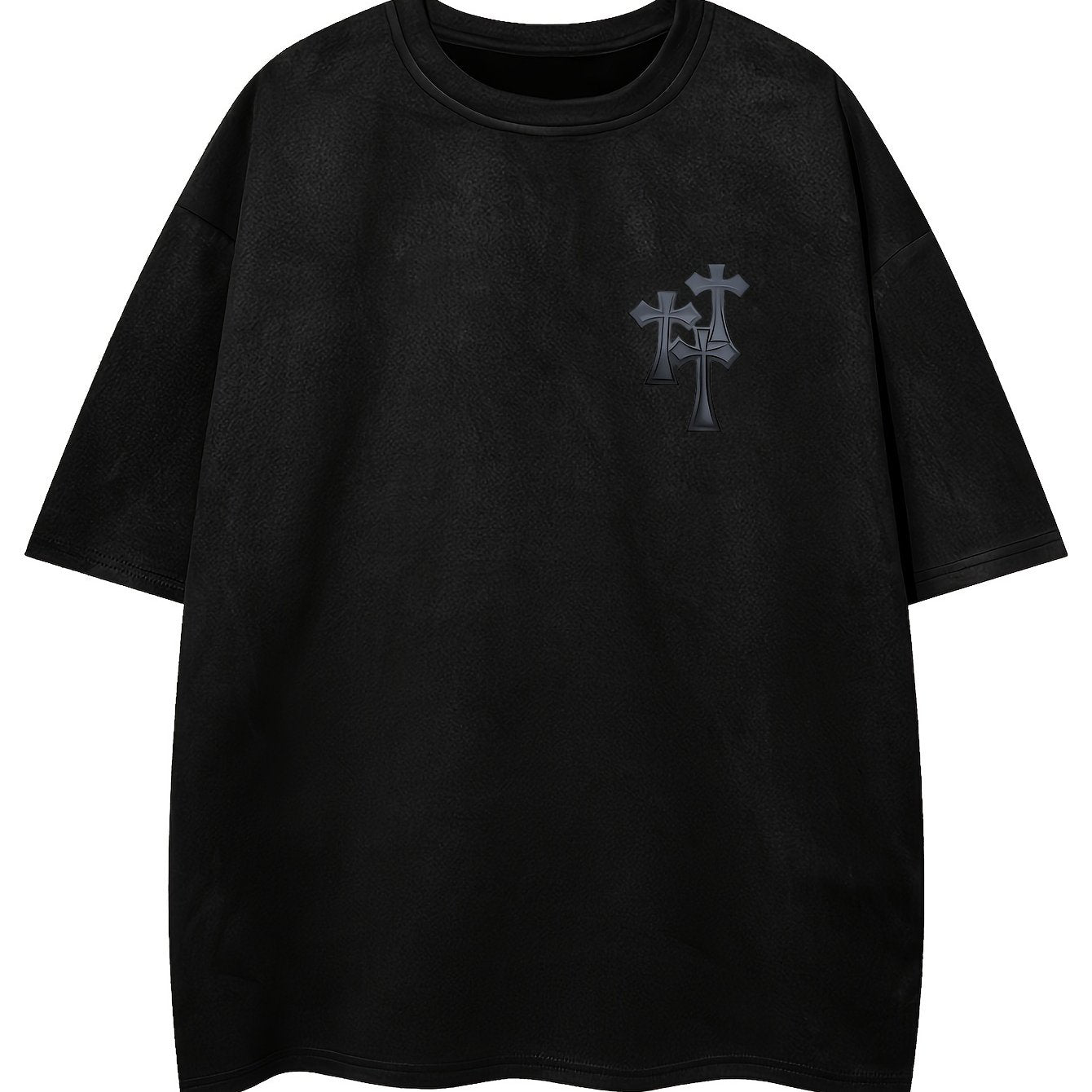Men's Casual Black Suedette Short-Sleeve T-Shirt with Print Cross Design - Soft, Loose Fit, Round Neck, Summer Tee for Adults, Summer Casual Wear | Casual Shirt | Faux Suedette Texture