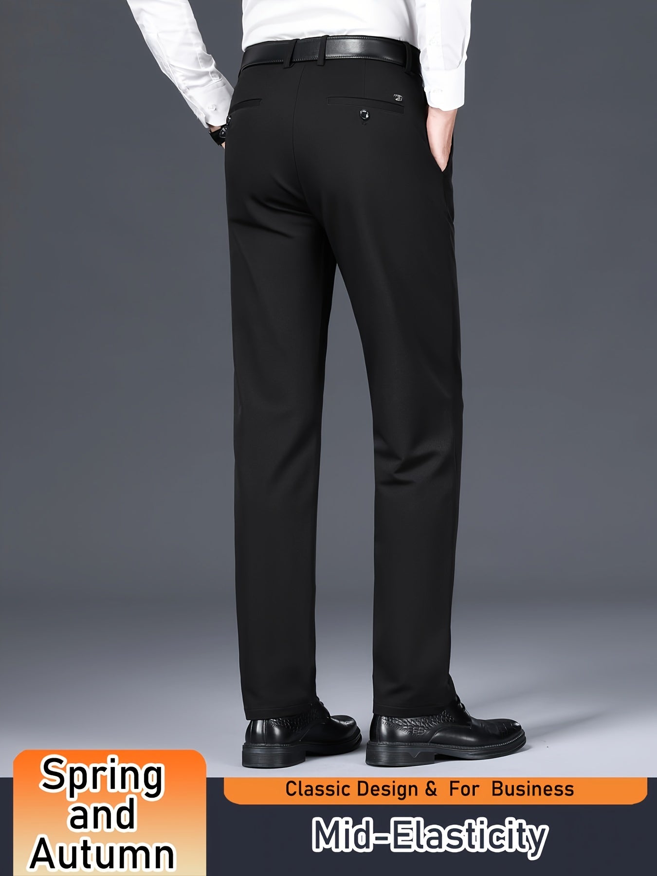 Men's Solid Color Dress Pants, Classic Design Slightly Stretch Formal Dress Pants For Business Occasions, Spring And Fall