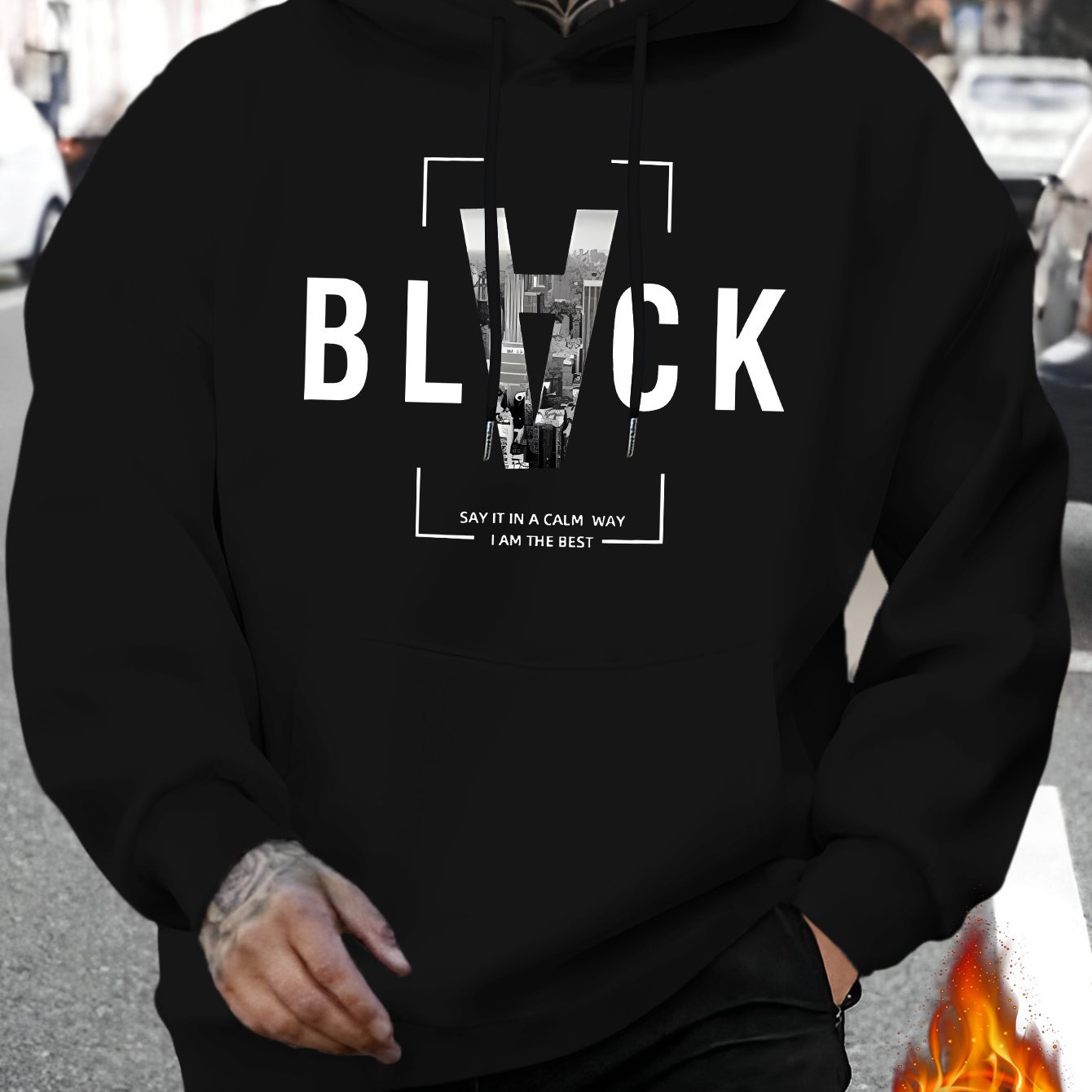 Spring and Summer Men's New Style BLACK SAY IN A CALM WAY IAM THE BEST Letter Print Casual Hoodie Fashion Drawstring Hoodie Autumn and Winter Top Comfortable and Versatile Long Sleeve Hoodie with Hat (Niu Wang Selection)