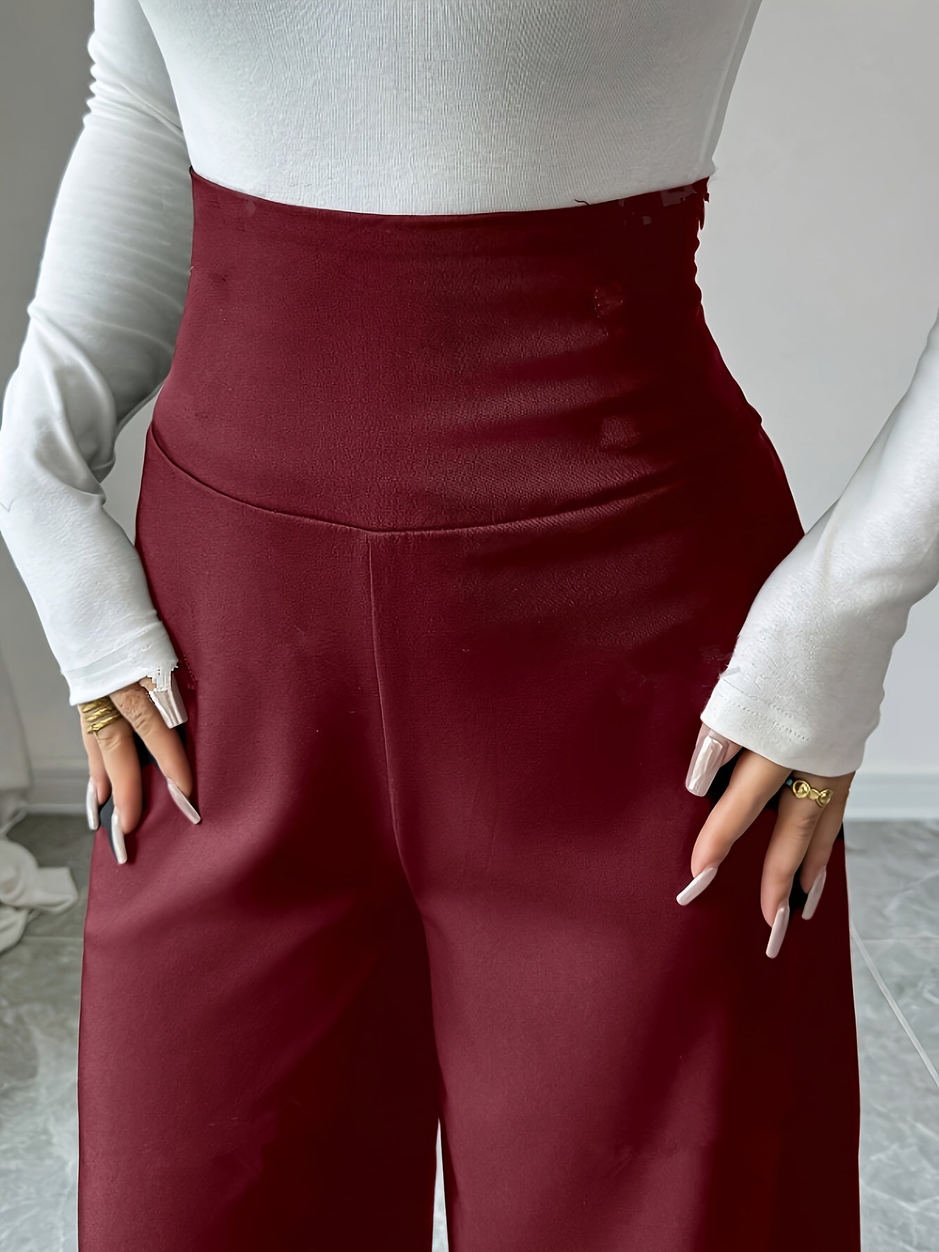 1pc Elegant High-Waisted Black Wide Leg Pants for Women, Solid Color Polyester, Regular Fit with Zipper Fly, All-Season Long Length Trousers with Zipper Detail