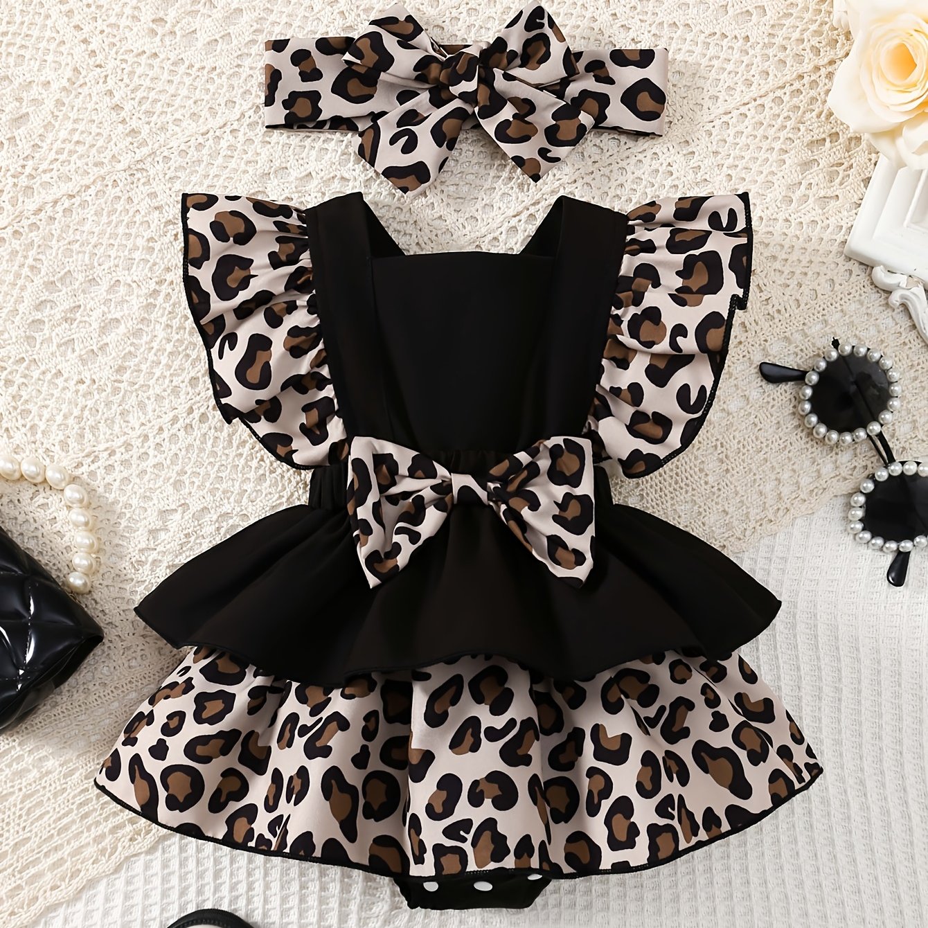 2pcs Set for Newborn Girls, Cute Leopard Print Ruffle Dress with Elastic Waist and Bowknot, Matching Headband, 100% Polyester Woven, Regular Fit, for Outdoor