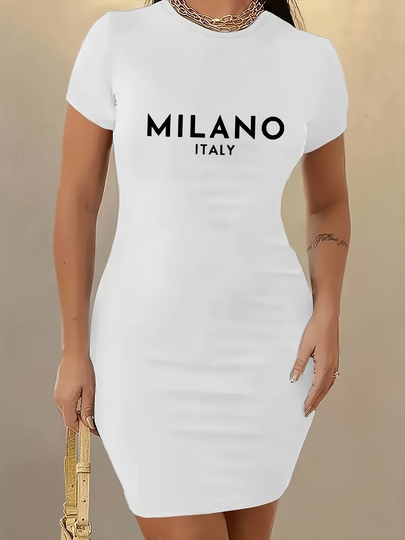 Women'S Milano Italy Print Bodycon Dress, Polyester 92% Elastane 8% Knit Fabric, High Stretch Geometric-Pattern, Short Sleeve Round Neck, Plus Size, Sports Style for Spring/Summer/Fall - 180g/m²