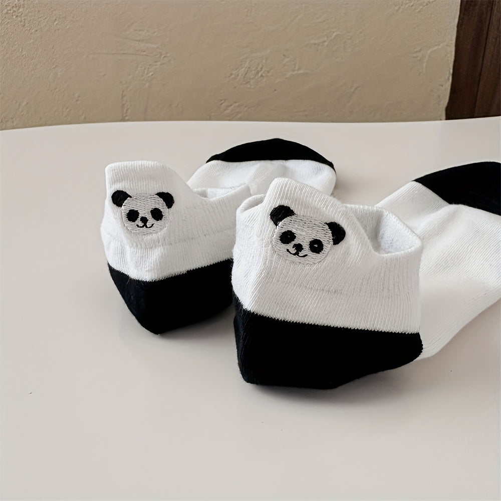 Women's Cotton Ankle-Length Socks 5-Pair Set with Panda Embroidery, Breathable Moisture-Wicking Knit, Anti-Odor, Seamless Toe, Stretch Spandex Blend - Size 200 Needle Count