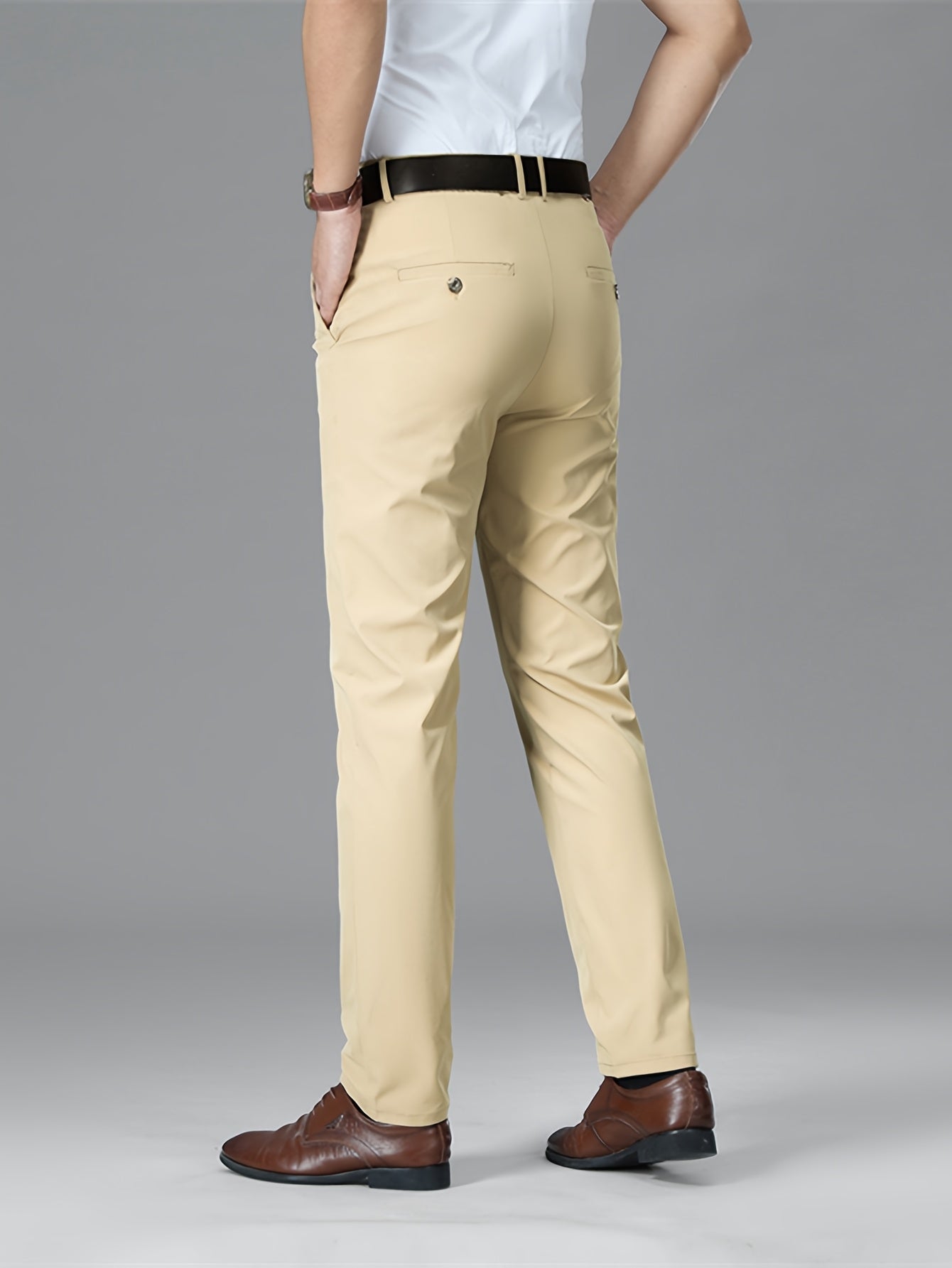 Men's Lightweight Summer Casual Pants, Slim Straight Fit, Polyester, Mid-Rise, Built-in Zipper, Regular Length - Ideal for Casual Attire