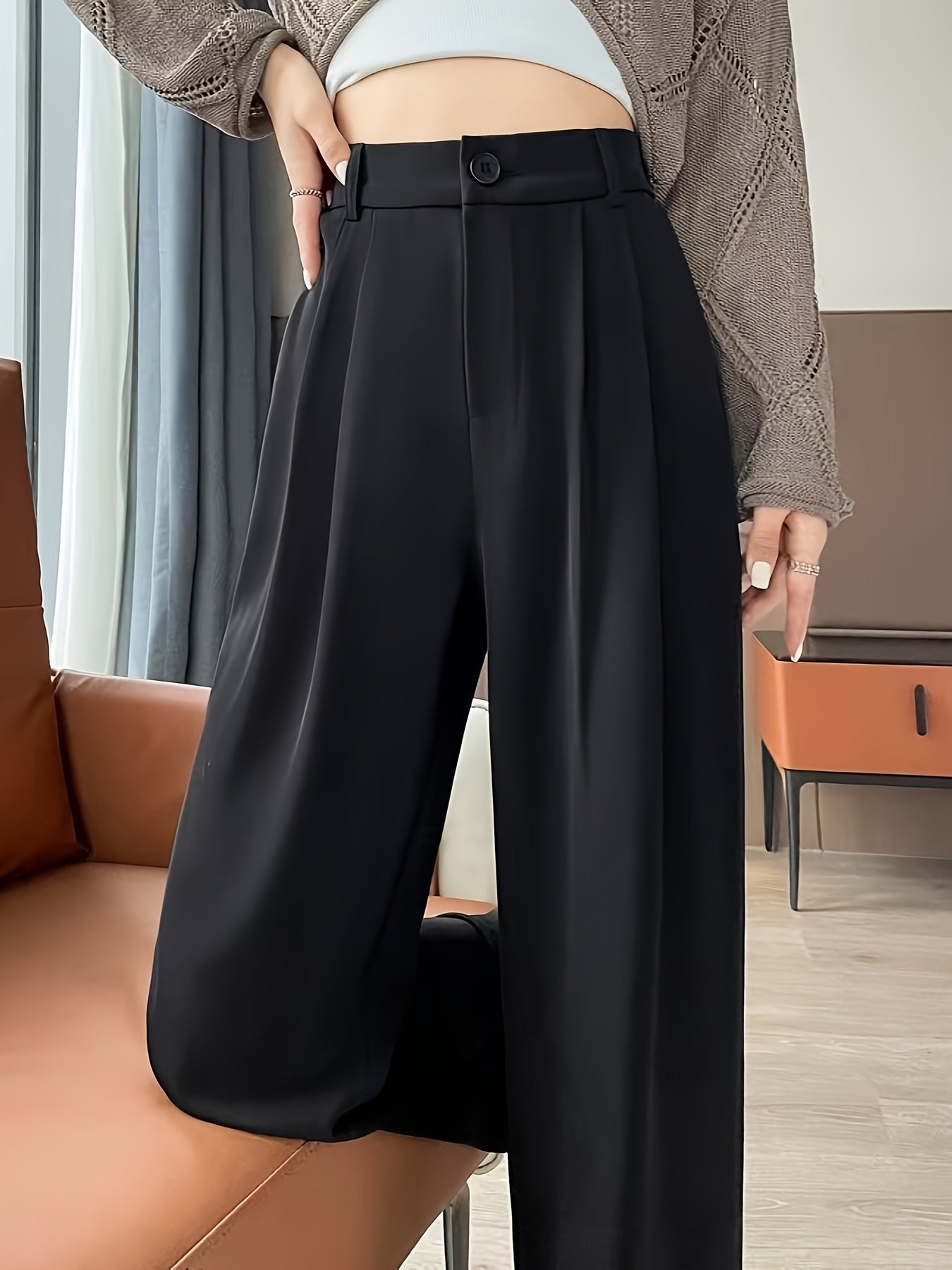Women'S Elegant Solid Color Straight Leg Pants, Breathable, Comfortable, Fashion Commuter, Polyester, Elastic Waist, Loose Contour, 250g/㎡, for Adult, Spring/Summer/Fall