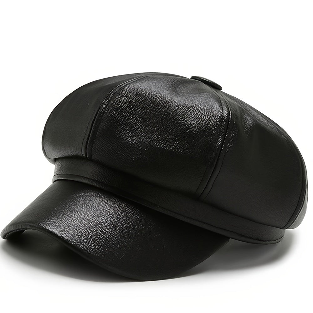 PU Leather Beanie Hat For Women, Waterproof, Round Bucket Hat With Faux Fur Pom Pom, Stylish Winter Hat For Fall/Winter/Spring