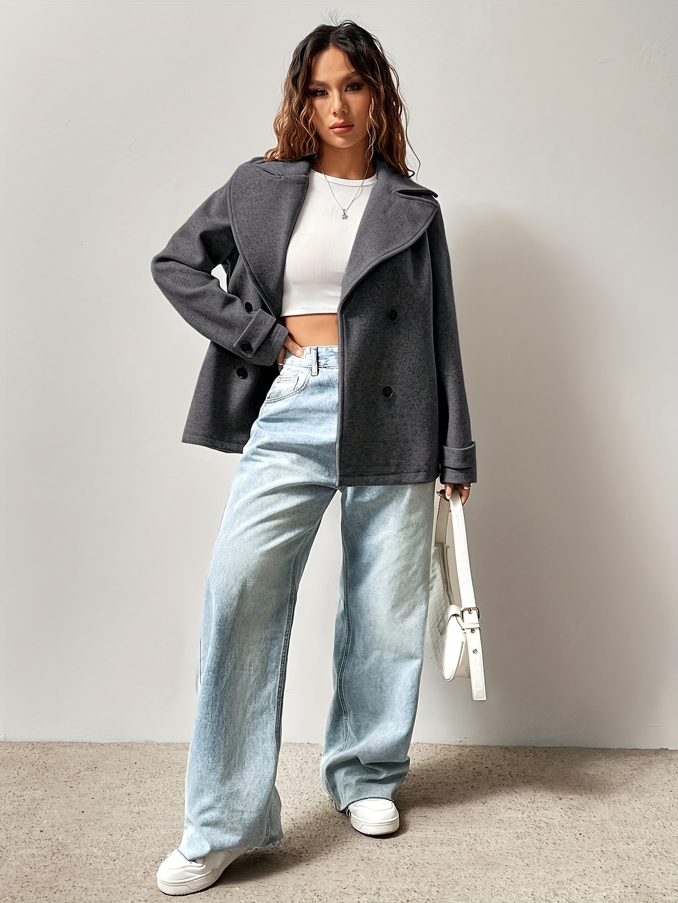 Կանացի ամենօրյա միագույն կրկնակի կրծքազարդ վերարկու, աշուն/ձմեռ