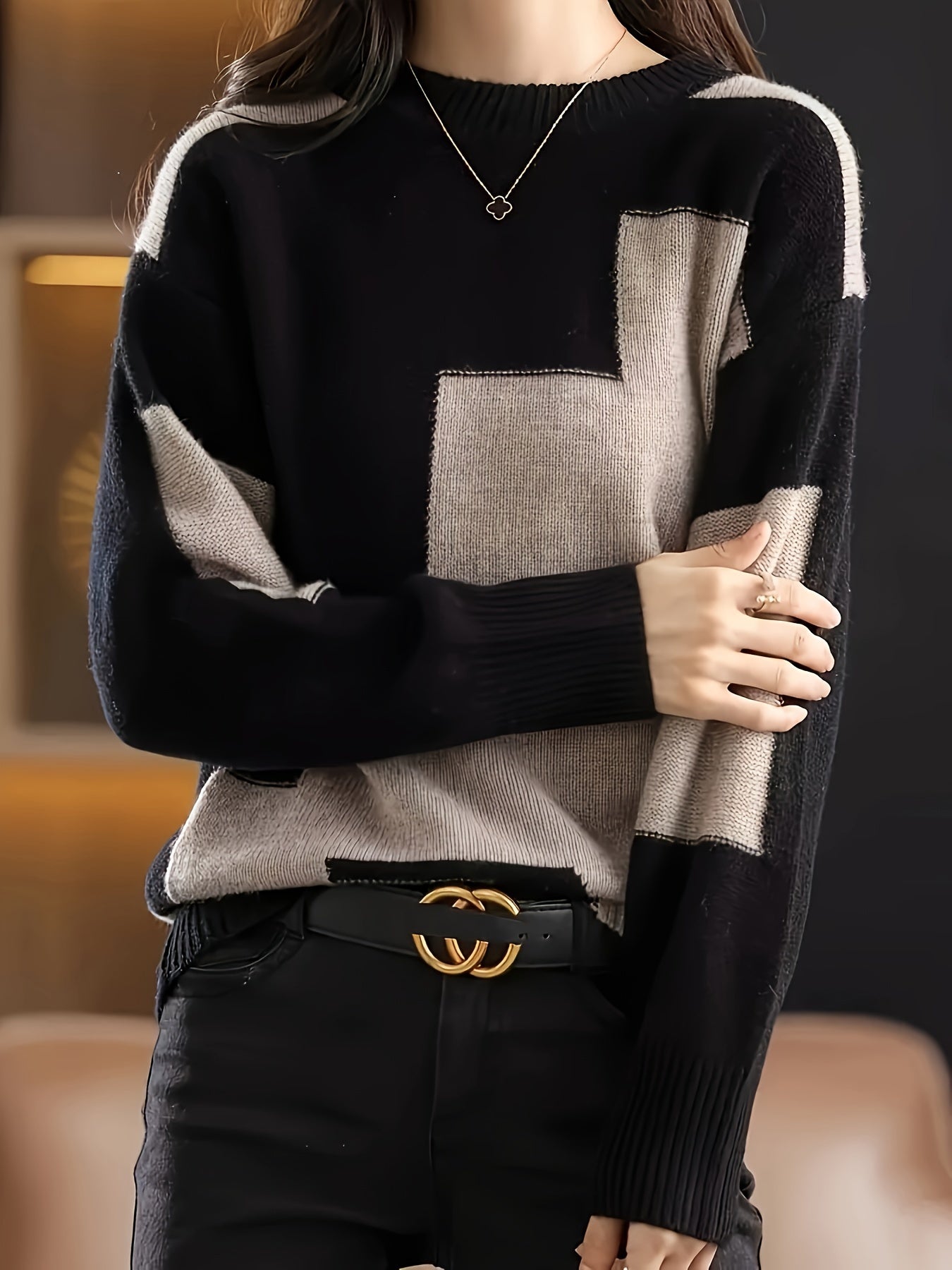 Women's Casual Color Block Long Sleeve Sweater - Round Neck, Soft Viscose Blend, Perfect for Fall and Winter Fashion, Knit Sweater