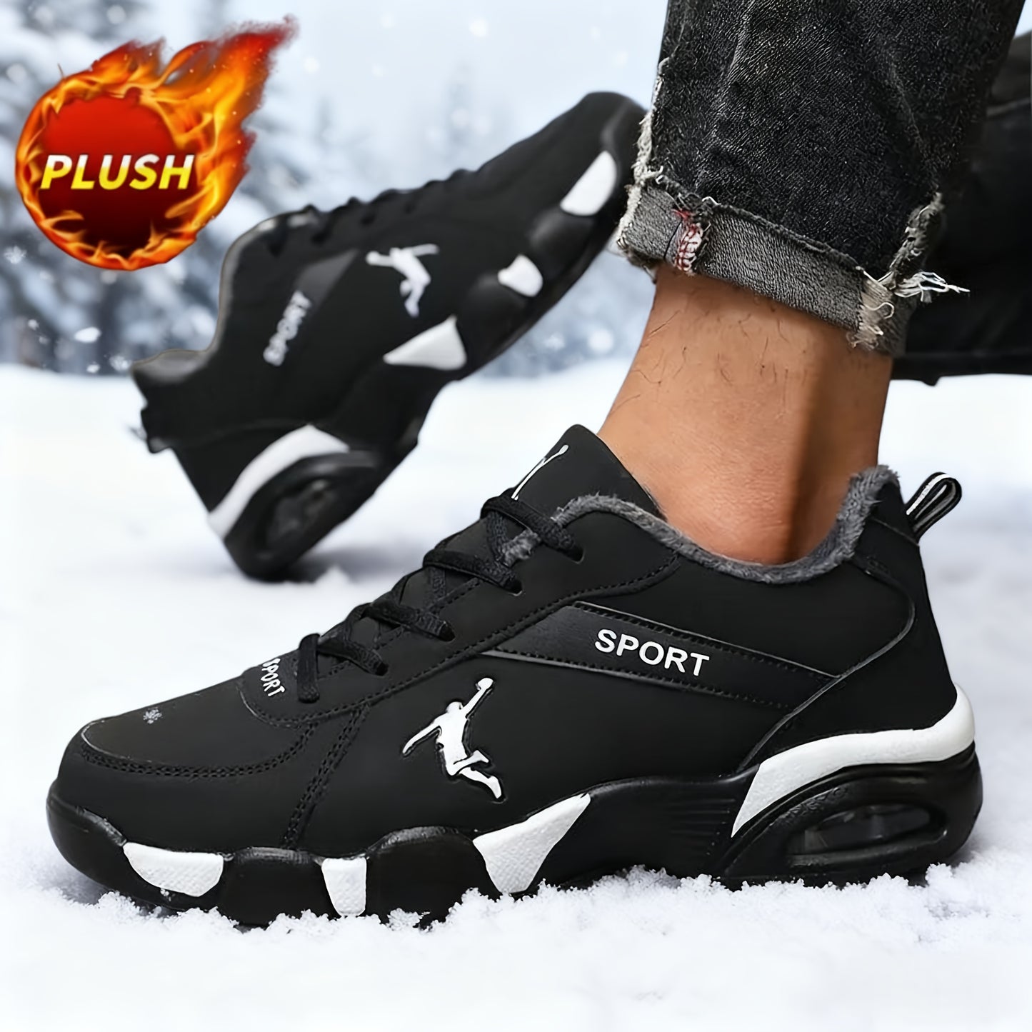 Men's Air Cushion Casual Sneakers - Fleece-Lined Thick Warm Inner PU Upper, Unisex Women Boots, Hiking Shoes, Outdoor Running Snowboots- Geometric Design with Lace Closure for St. Patrick’s Day Halloween Christmas