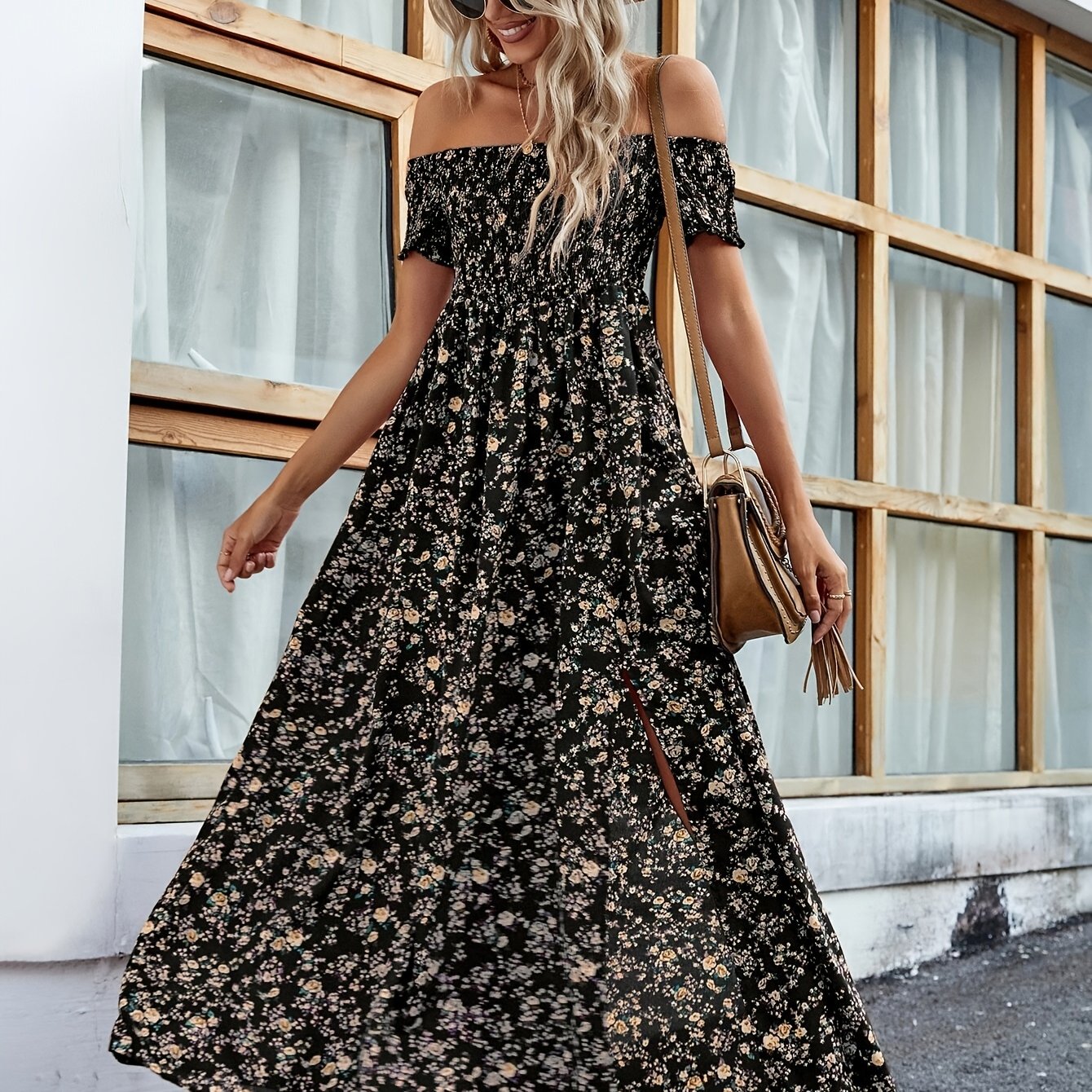 Floral Print Off Shoulder Dress, Elegant Short Sleeve Aline Dress For Spring & Summer, Women's Clothing