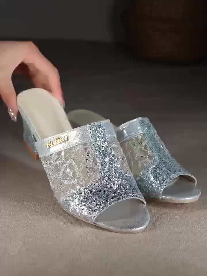 Women'S Black Sequin Peep-Toe Block Heel Shoes - Summer Casual Mary Jane with Ankle Strap, 5cm Mid-Heel, Open-Toe Design for Casual Attire, High Heel, Evening Wear, Fabric Upper, Rubber Sole