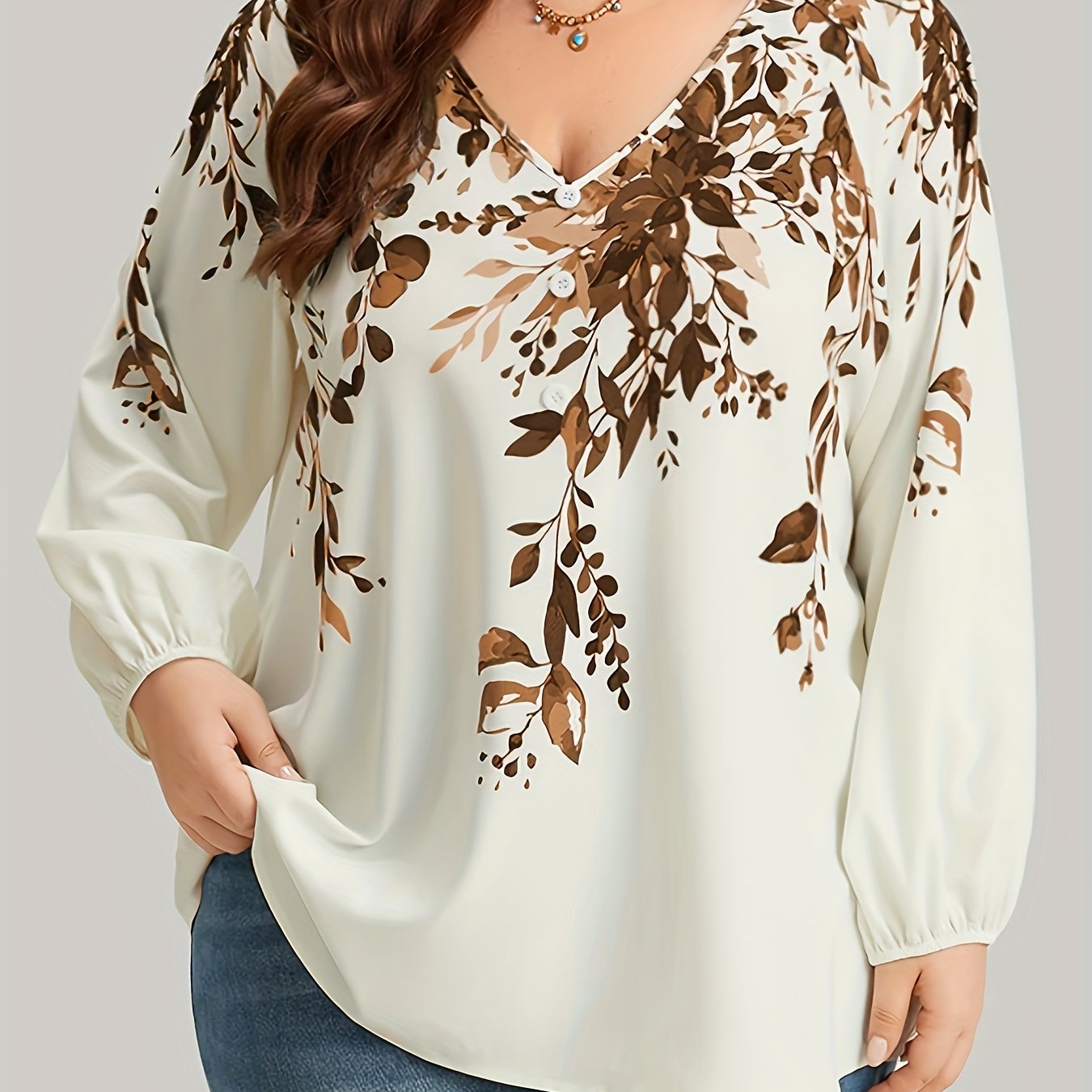 Plus Size Floral Print Blouse, Casual V Neck Long Sleeve Blouse For Spring, Women's Plus Size Clothing