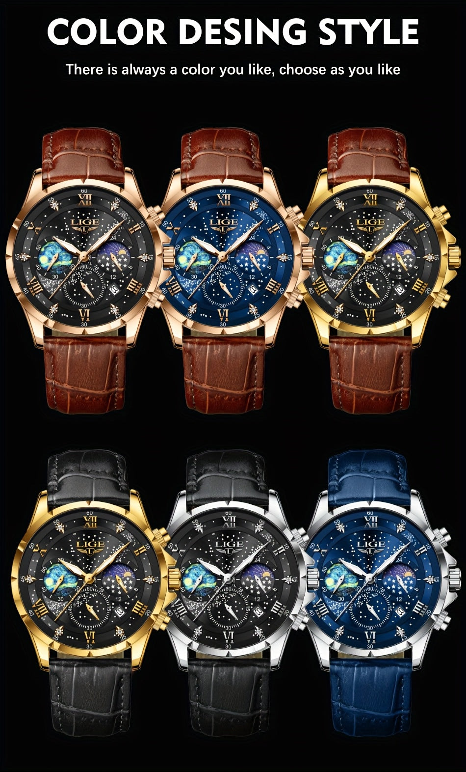 LIGE Luxury Quartz Chronograph Watch with Luminous Hands - Elegant Round Alloy Case, Blue Dial with Roman Numerals, Starry Night Design, Button Battery, Faux Leather Strap, Stylish Accessory|Starry Night Design|Luminous Hands