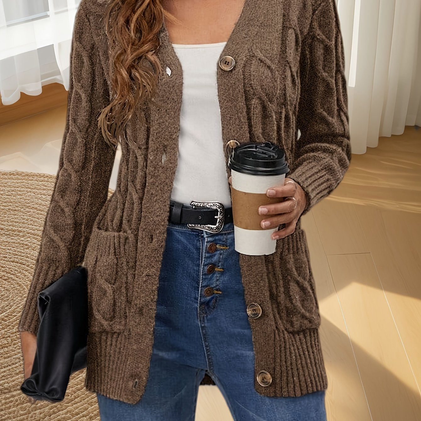 Elegant Women's Cable-Knit Cardigan - Cozy Button-Up V-Neck Sweater Jacket with Pockets, Long Sleeves in Heather Gray, 100% Polyester, Machine Washable for Fall/Winter