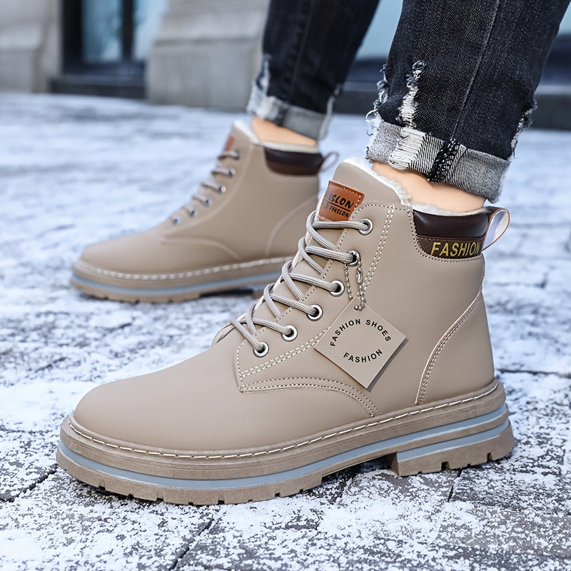 Men's Heavy-Duty Winter Snow Boots - Insulated & Slip-Resistant -like Upper, Thermal Insulation & Cushioned Insole, Large Size Availability (Beige/Brown/Coffee) - All-Terrain Traction Tread, Round Toe & Lace-Up Closure for Hi