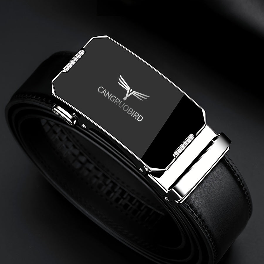 1pc Men'S Adjustable Automatic Buckle Belt - Sleek Black Faux Leather, Alloy Buckle, Stylish for Business & Casual Attire