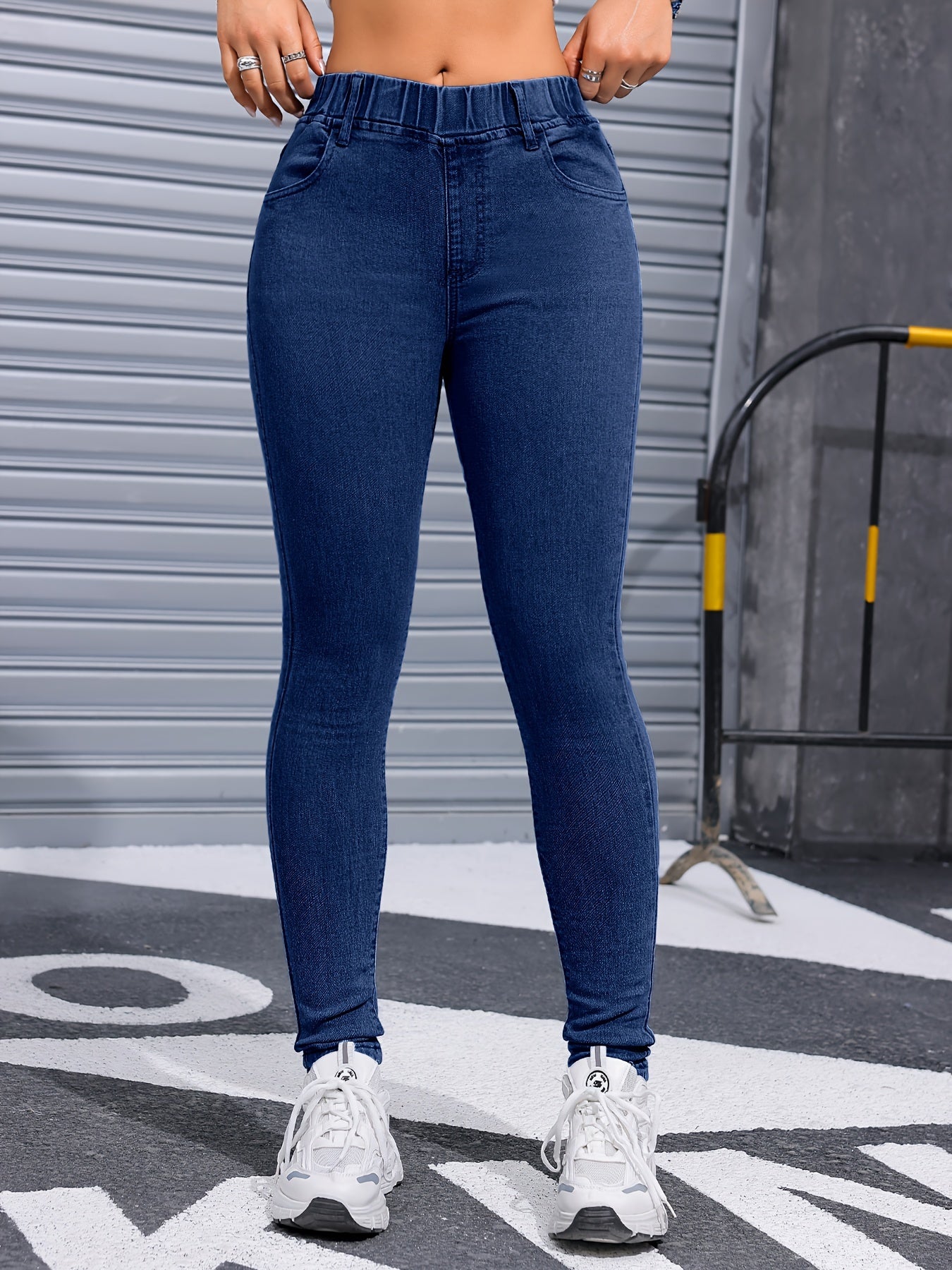 Women's Fashionable Dark Blue Skinny Jeans - Stretch Denim with Elastic Waistband, Comfortable and Elegant, Non-Transparent Blend