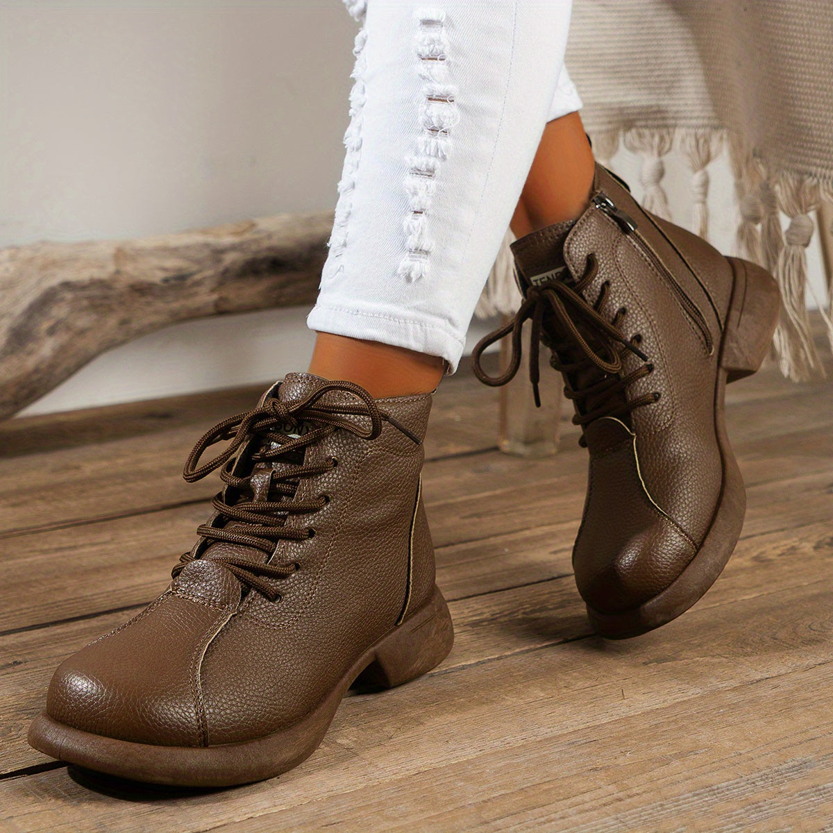 Women'S British Style Ankle Boots - Brown Faux Cover, Slimming Lace-Up Design, Lace-Up with Side Zipper, Comfortable Fabric Lining, Durable TPU Sole, Perfect for Spring, Autumn & Winter