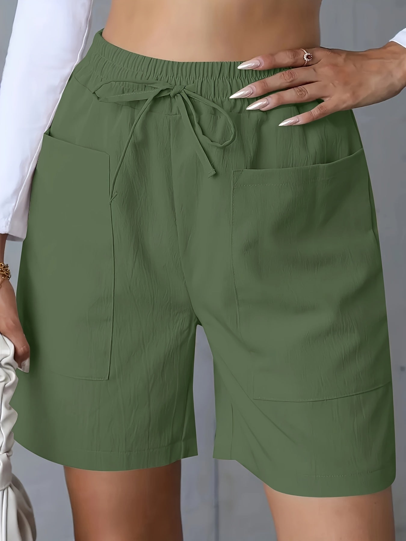 Light Pink Women's Casual High-Waist Wide-Leg Shorts with Tie Drawstring - Polyester, Non-Stretch, Smooth Texture, Summer Ready with Pockets