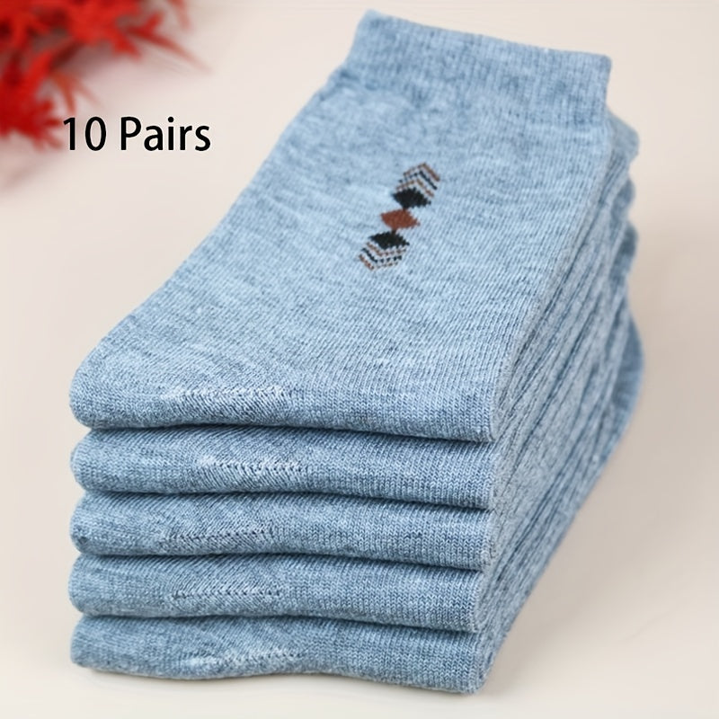 10/15 Pairs Men's Elite Business Socks, Simple Daily Durable Mid-Calf Socks, Polyester Blend with Spandex, Machine Washable, Geometric Pattern, Knit Fabric